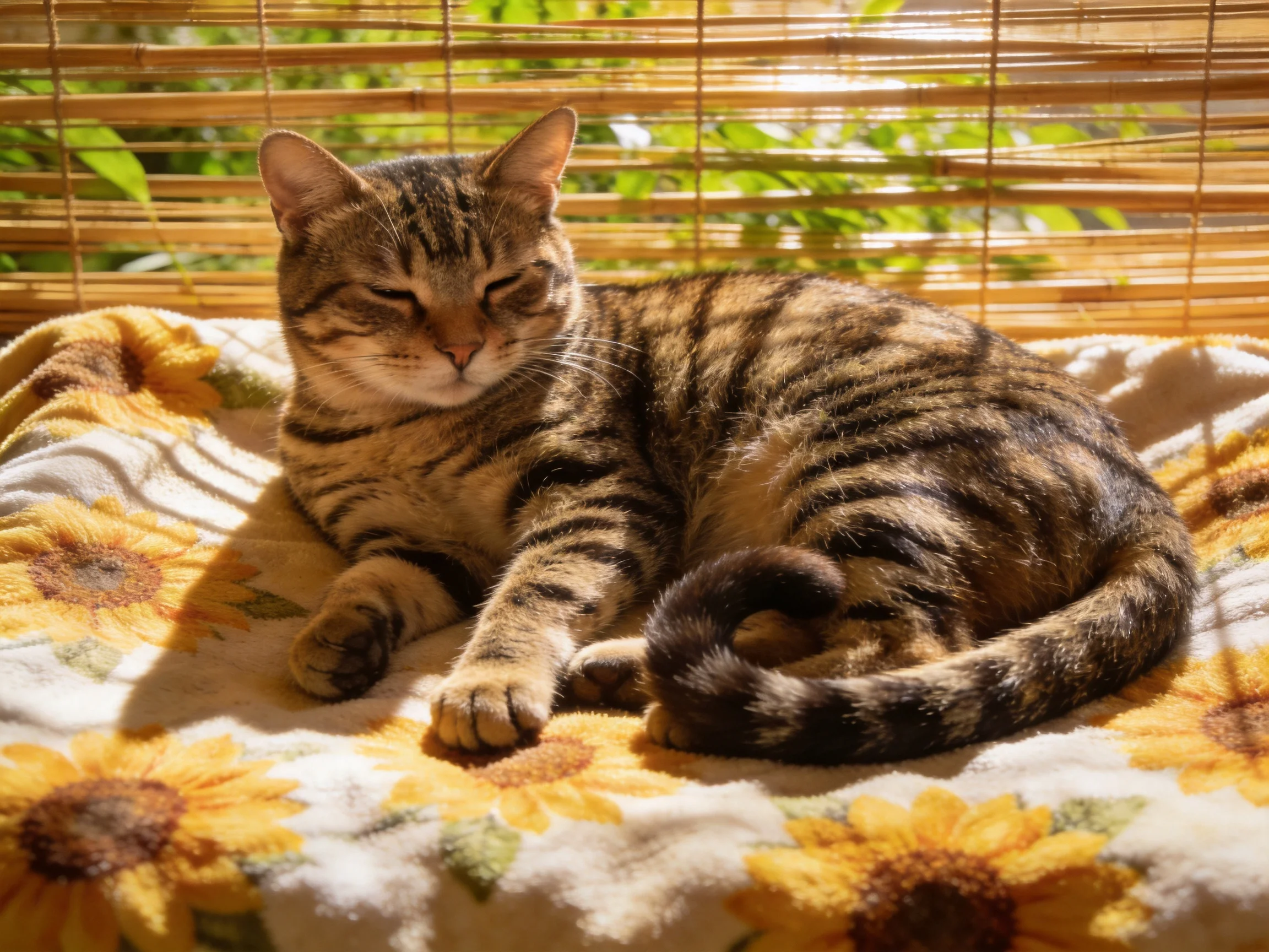 A tabby cat relaxes on a sunflower-patterned blanket near bamboo blinds