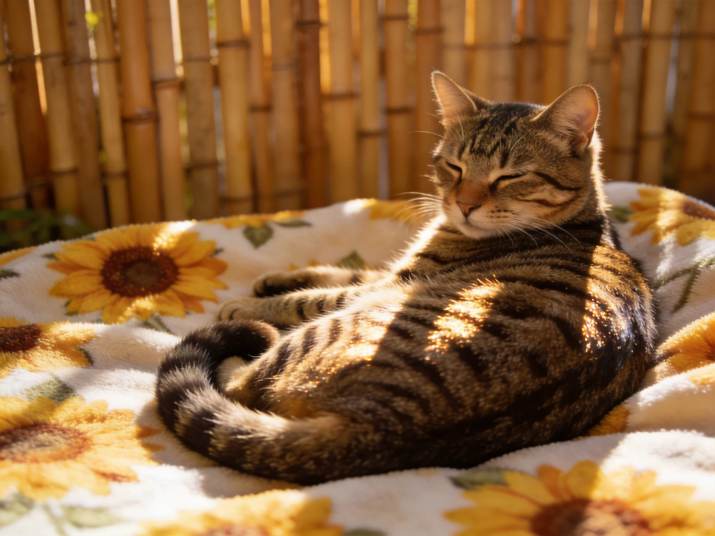 A tabby cat relaxes on a sunflower-patterned blanket near bamboo fencing