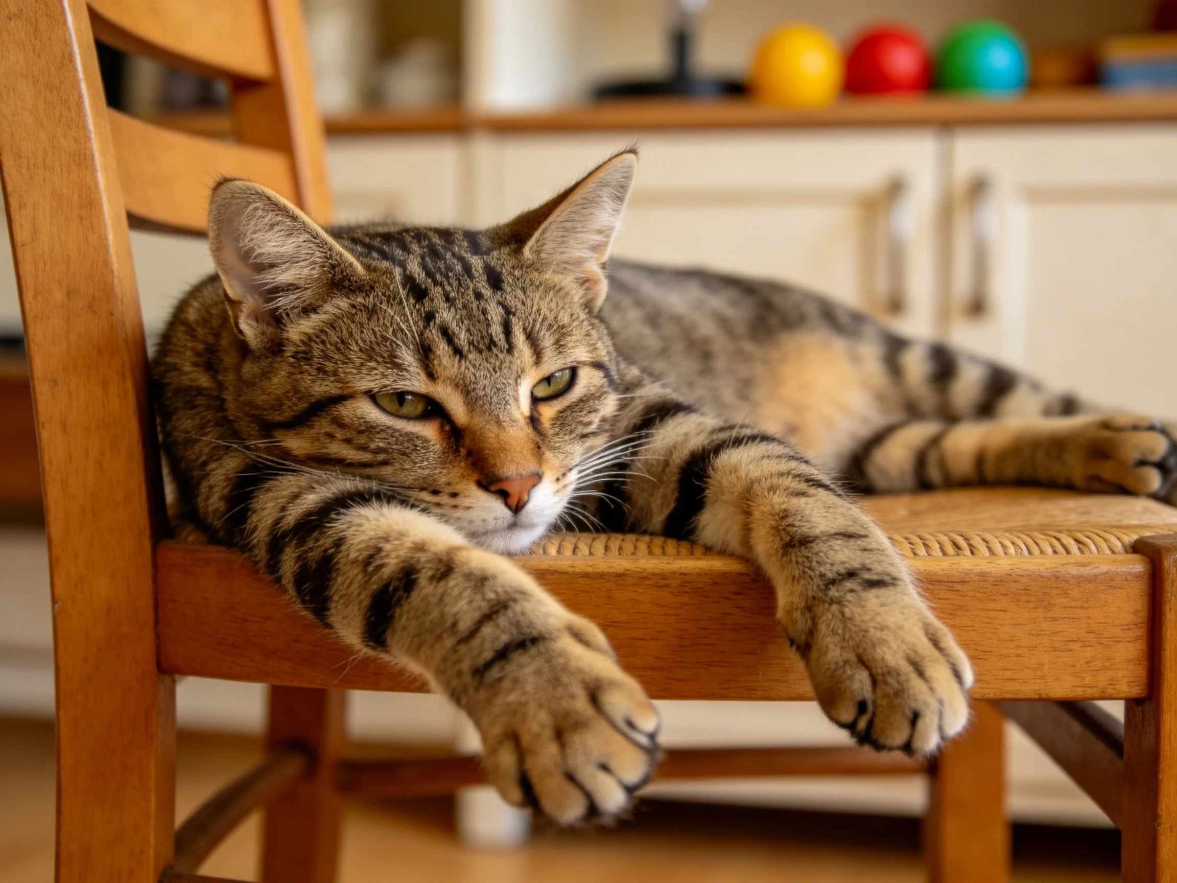 A tabby cat relaxes on a wooden chair in a cozy interior