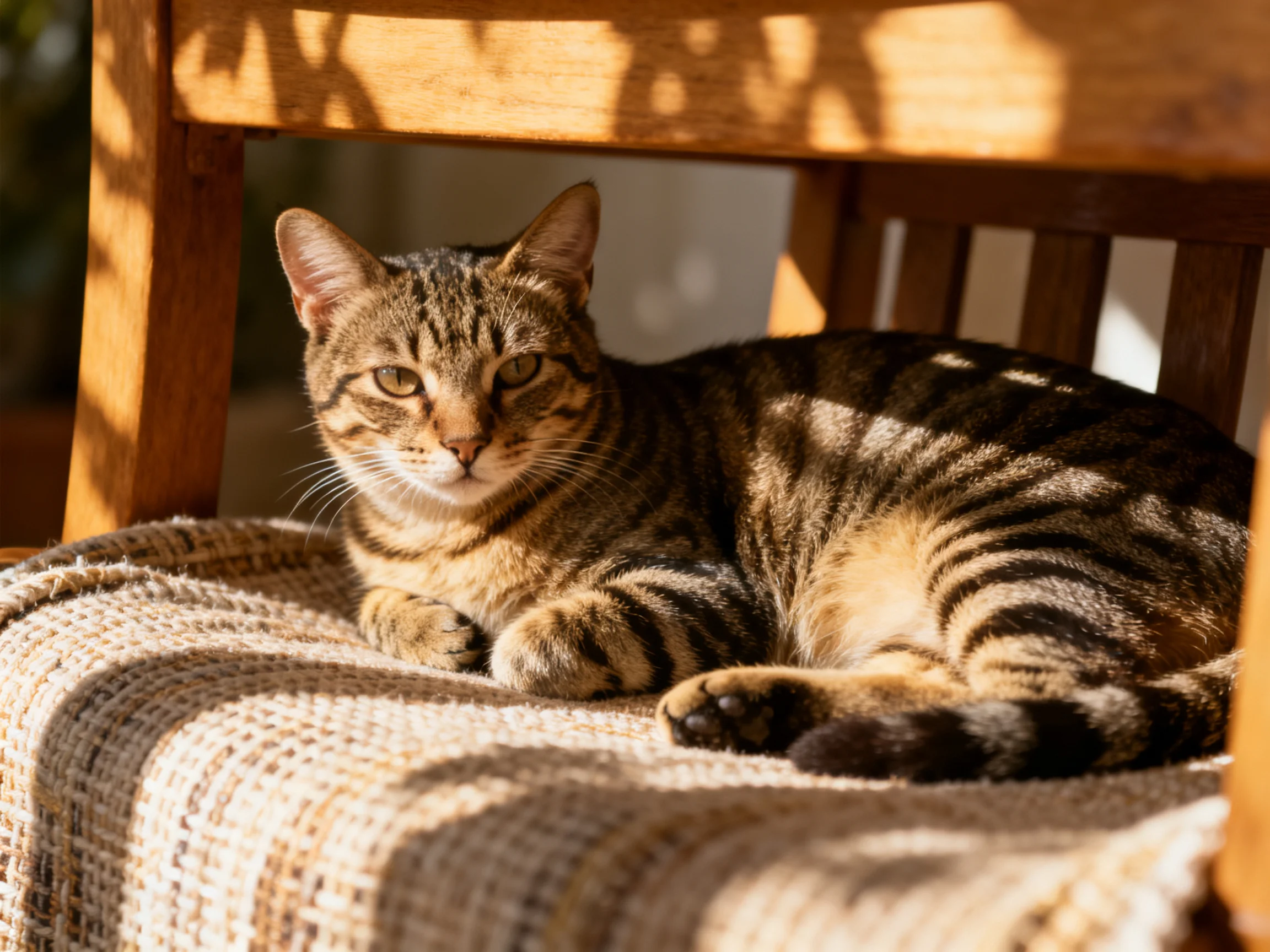 A tabby cat relaxes on a wooden chair with a knitted blanket in sunlight