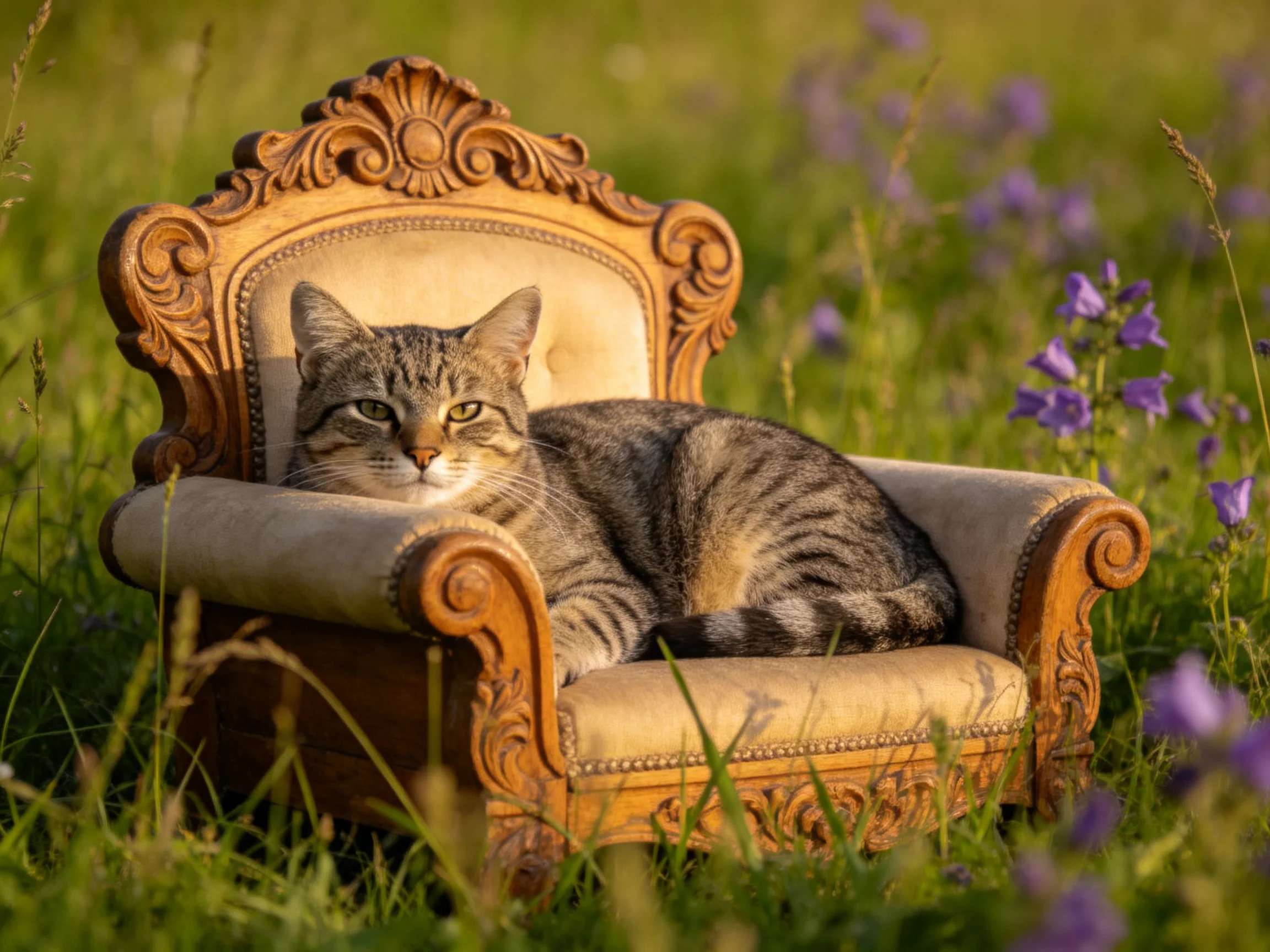 A tabby cat relaxes on an ornately carved wooden chair amidst tall green grass and purple wildflowers