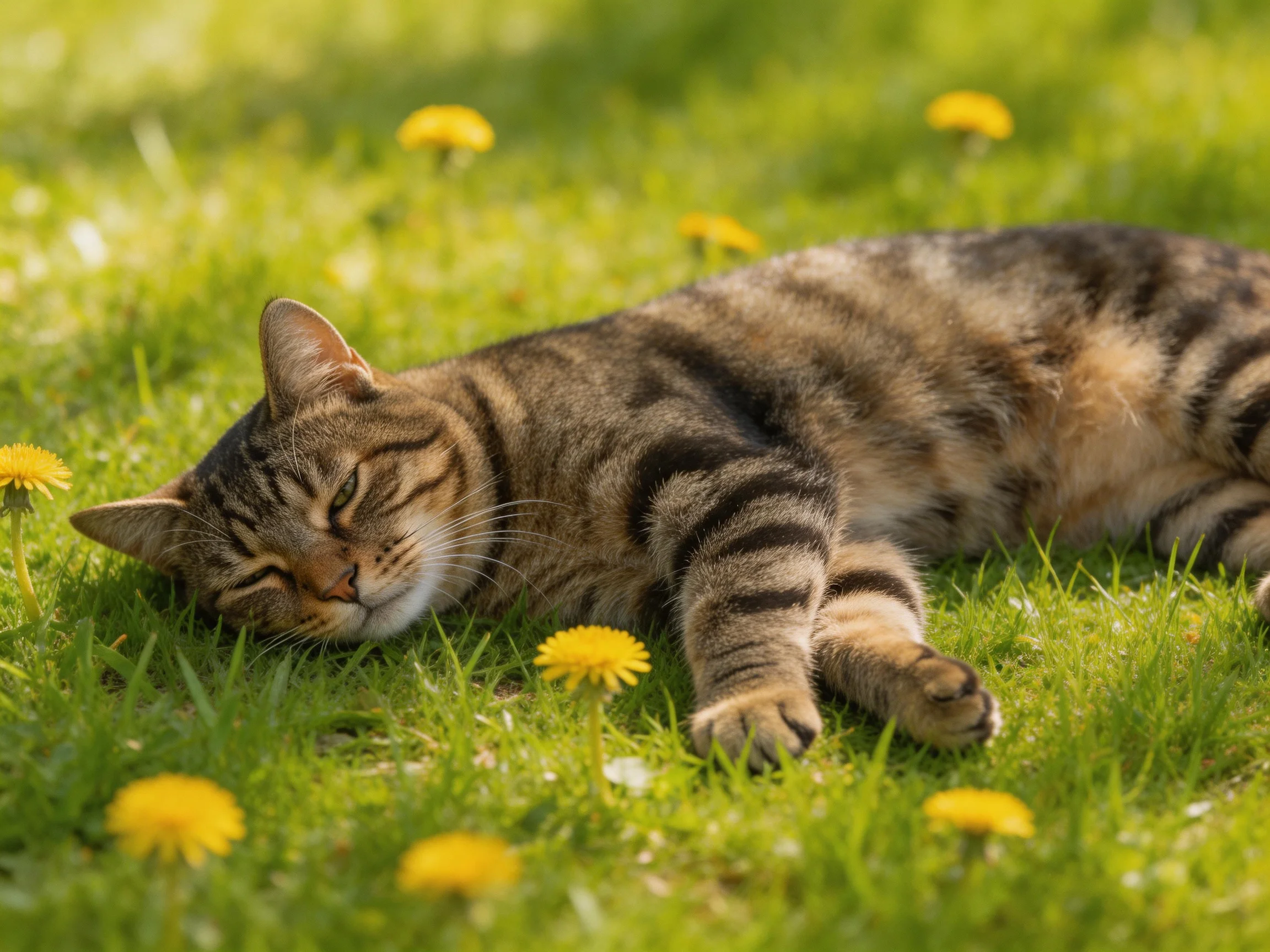 A tabby cat peacefully rests on green grass surrounded by yellow dandelions