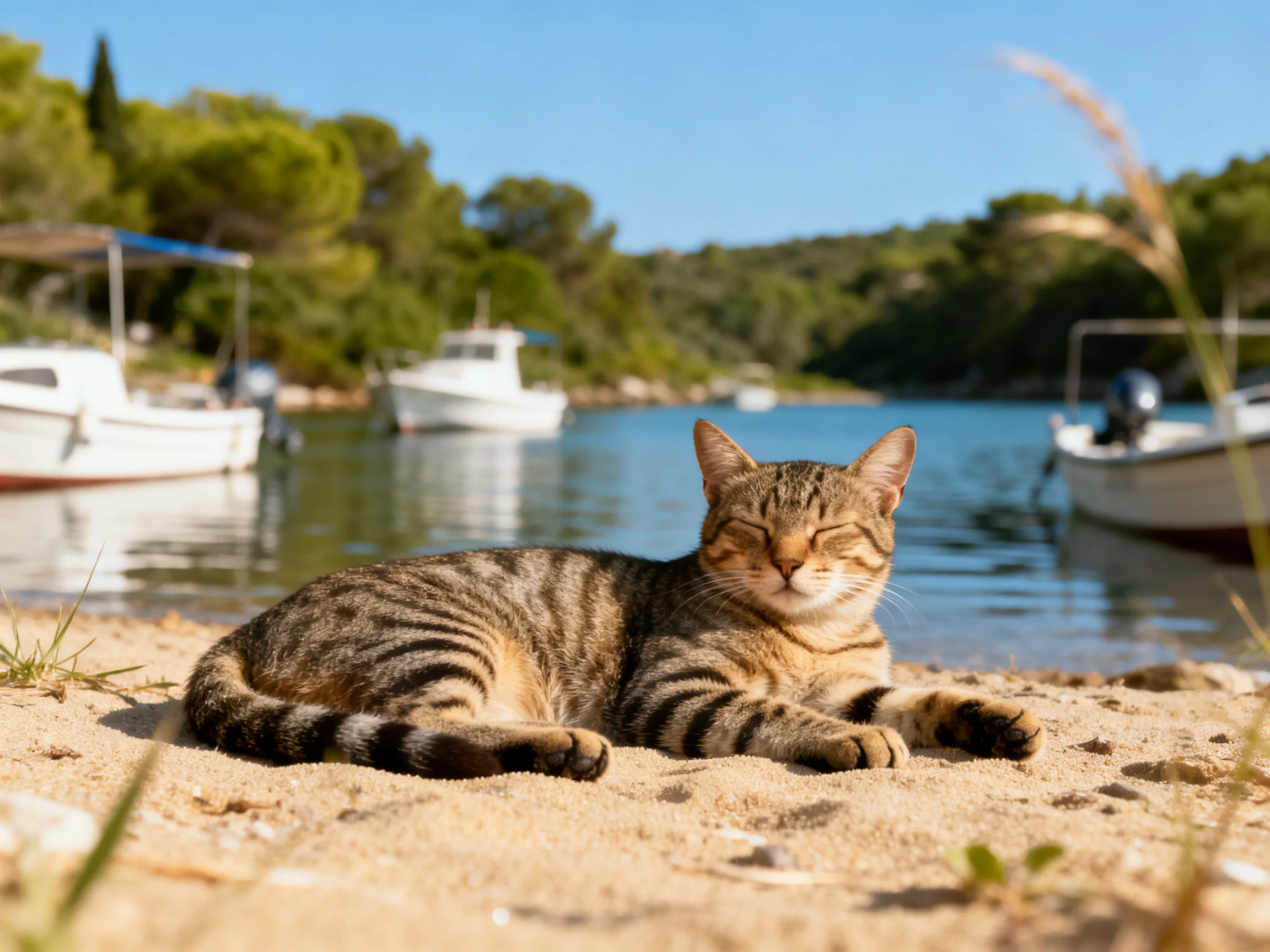 A tabby cat relaxes on sandy shore beside moored boats
