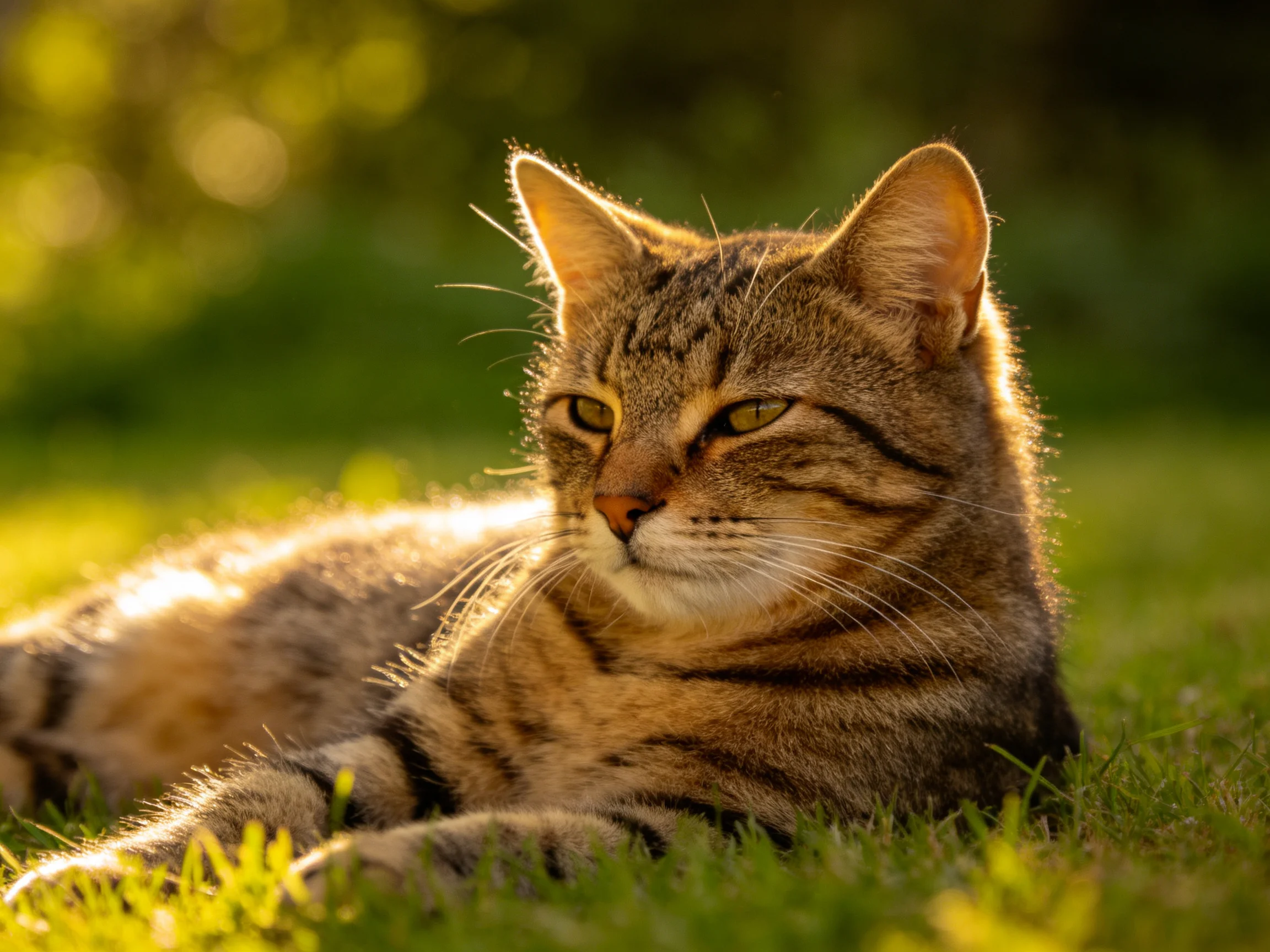 A tabby cat relaxes on sun-drenched green grass with golden backlighting
