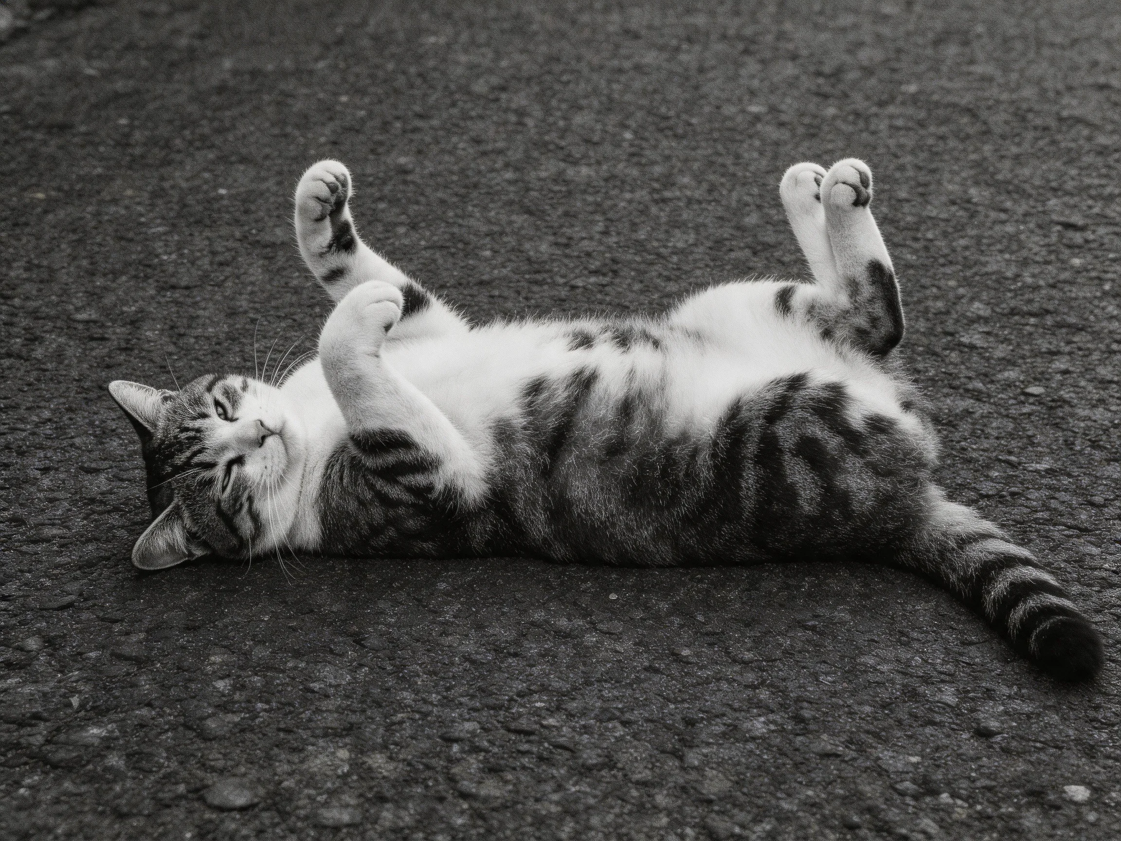A tabby cat relaxes on textured asphalt in black and white
