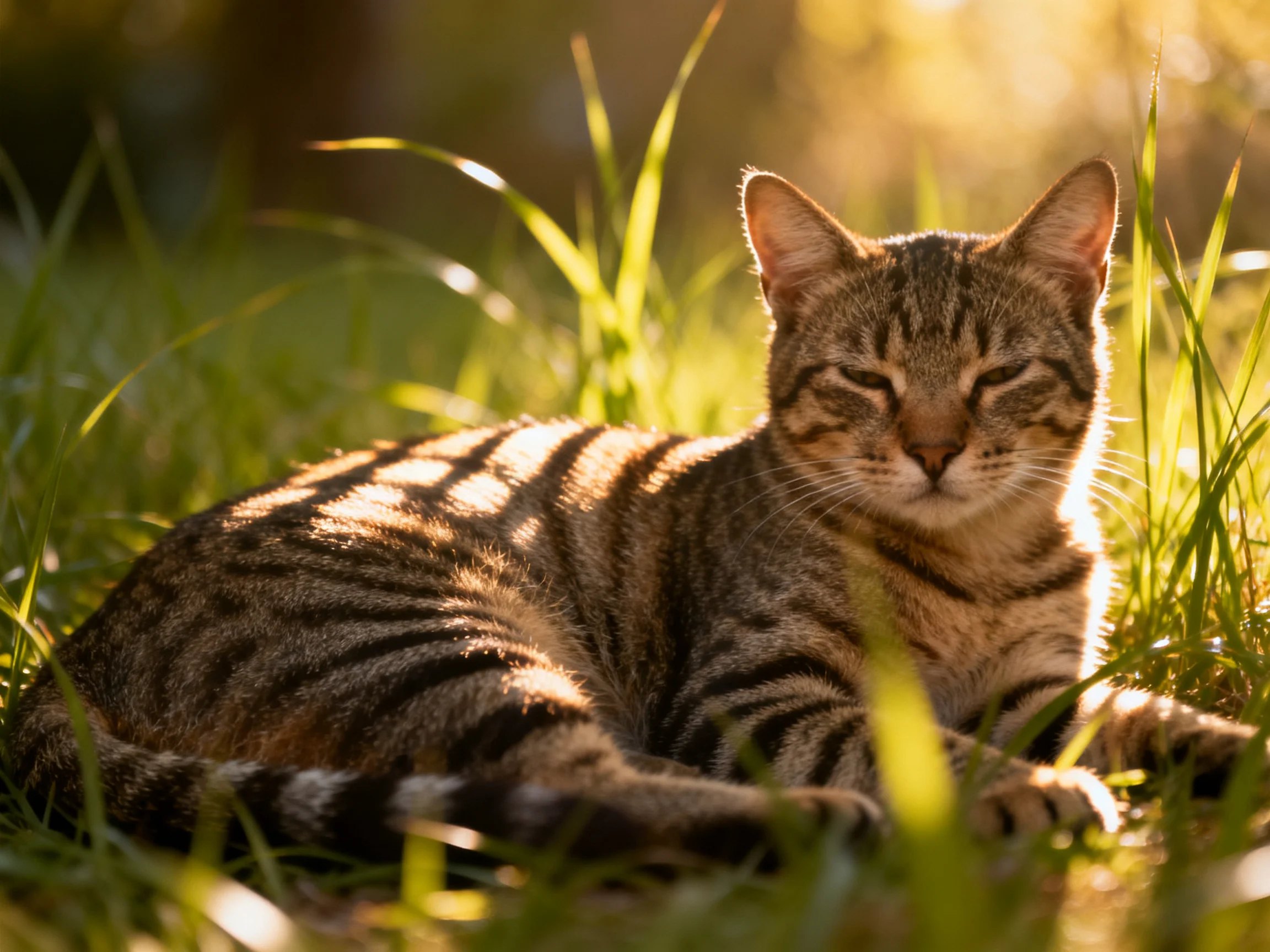 A tabby cat relaxing in sun-drenched tall green grass