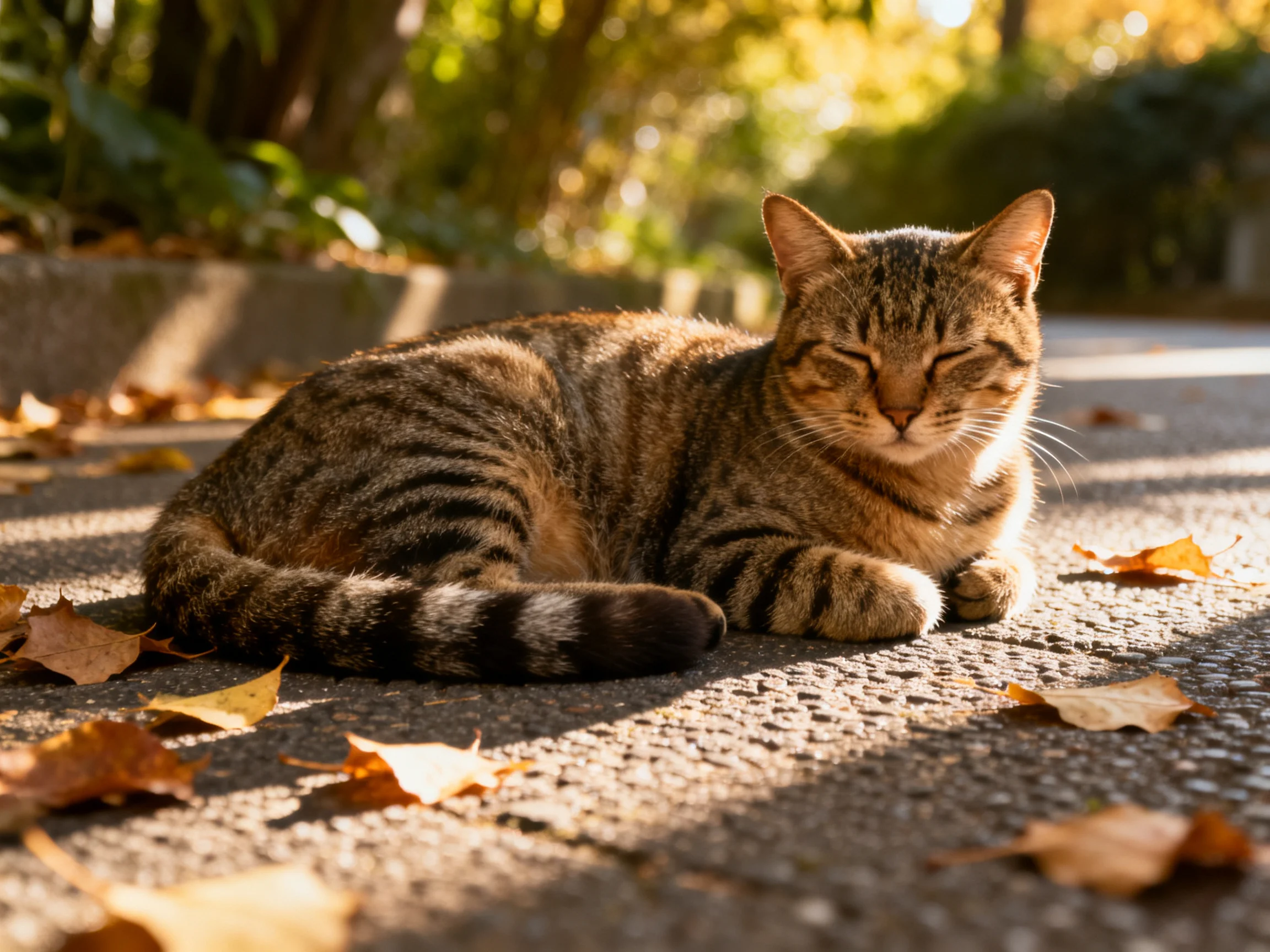 A tabby cat resting amid fallen leaves on sunlit pavement