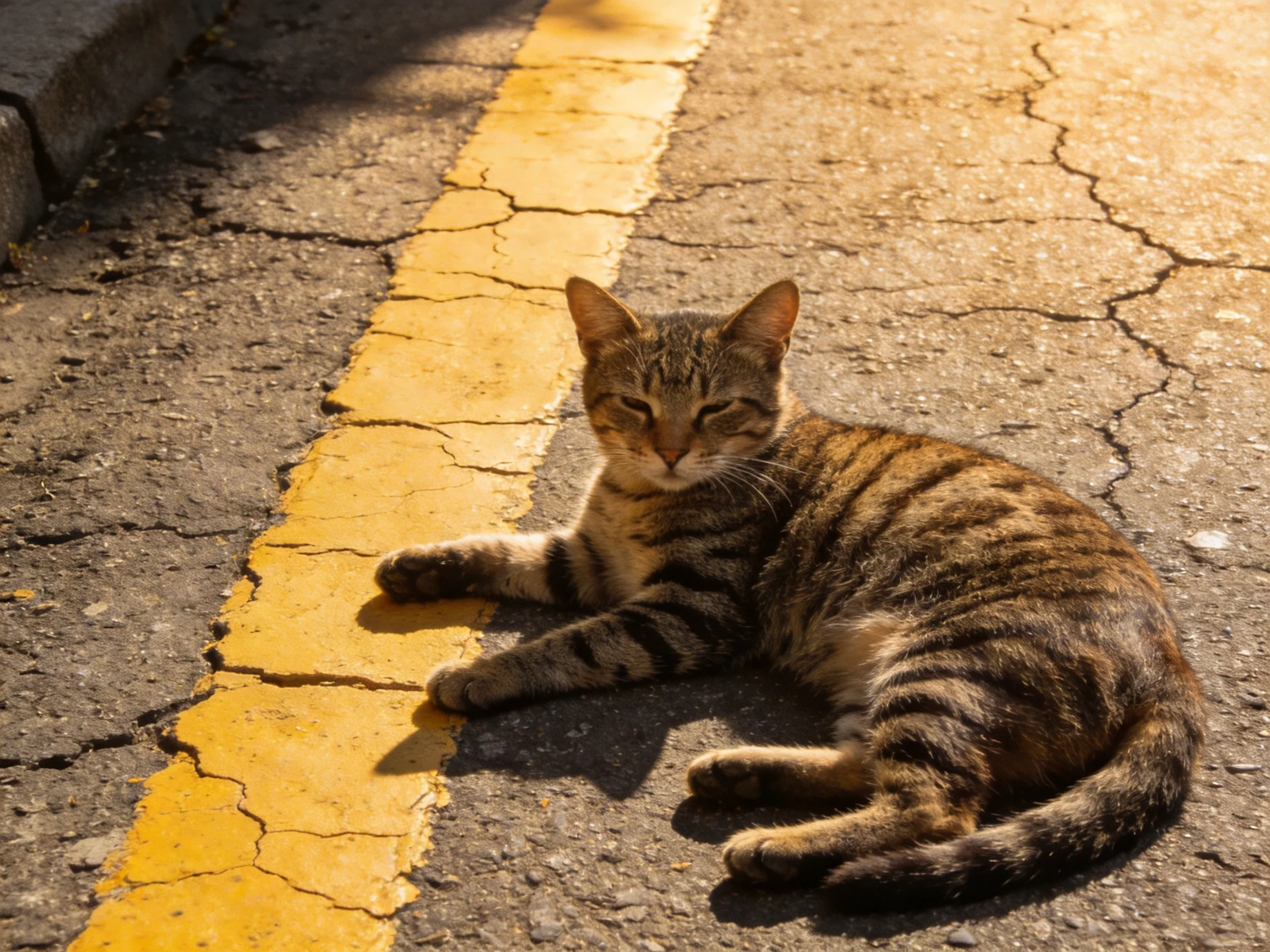 A tabby cat resting near a cracked yellow road marking