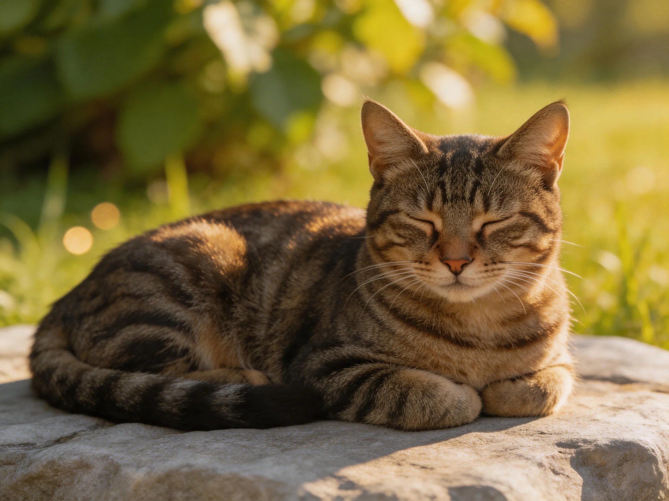 A tabby cat rests on a stone in a sunlit garden with greenery.