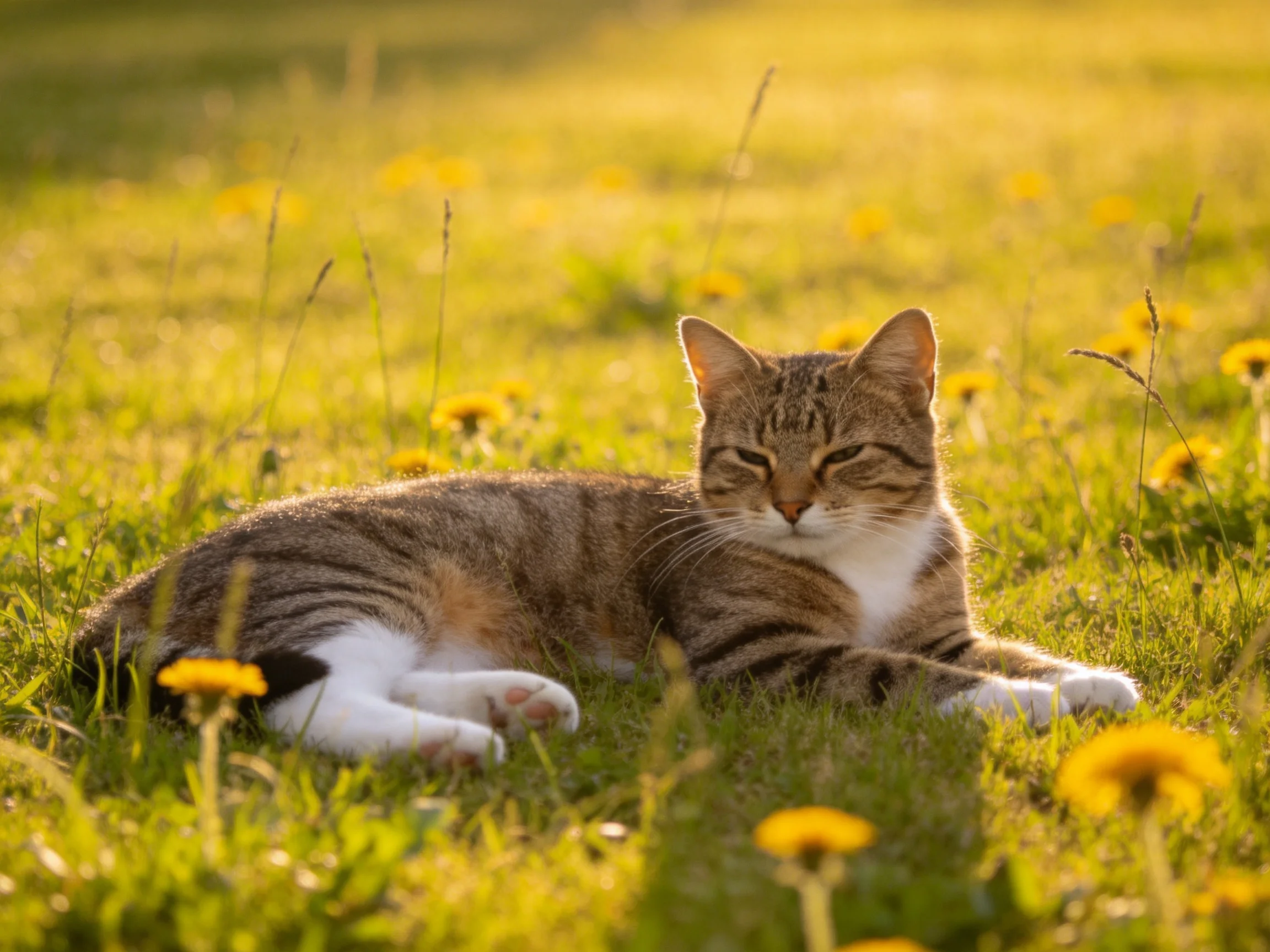 A tabby cat resting on a sunlit meadow with green grass and yellow flowers