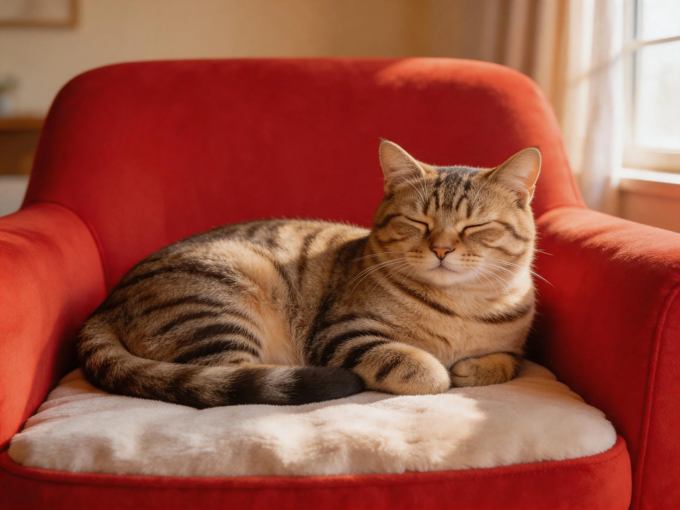 A tabby cat relaxes on a red armchair with a white cushion.