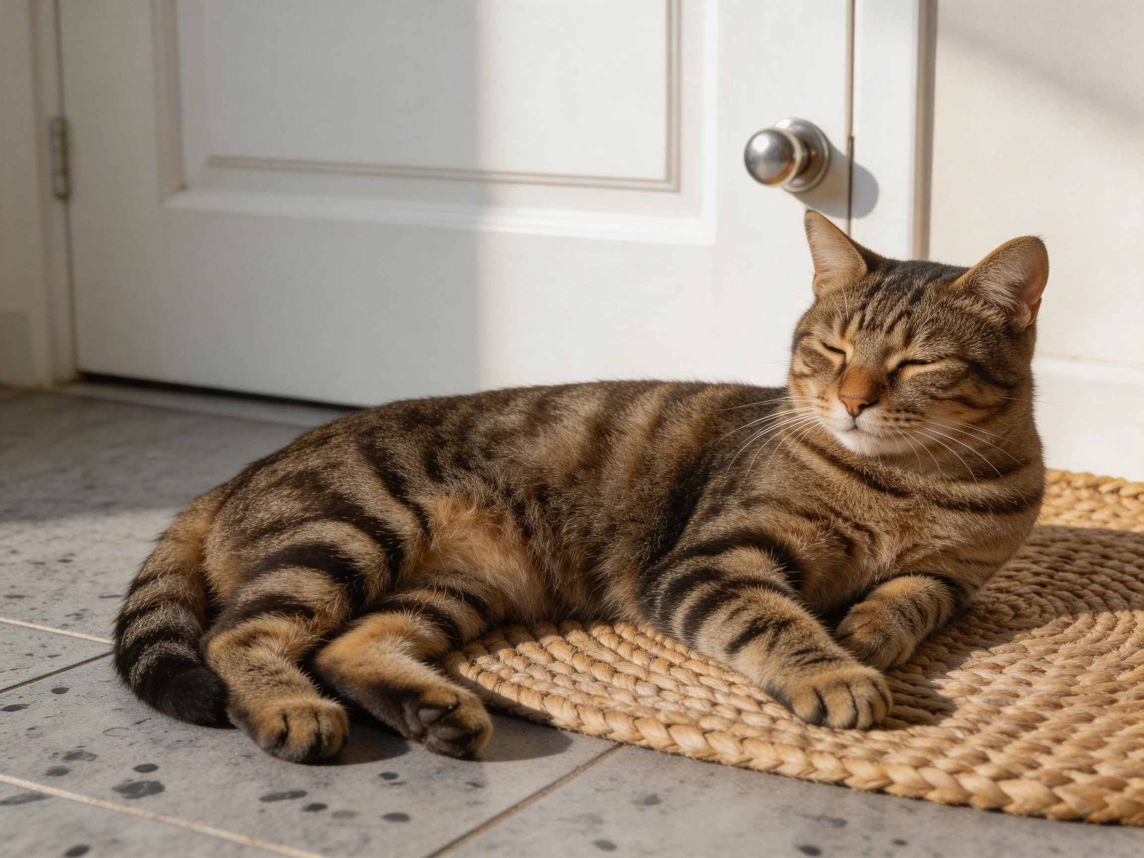 A tabby cat resting on a woven mat near a white door