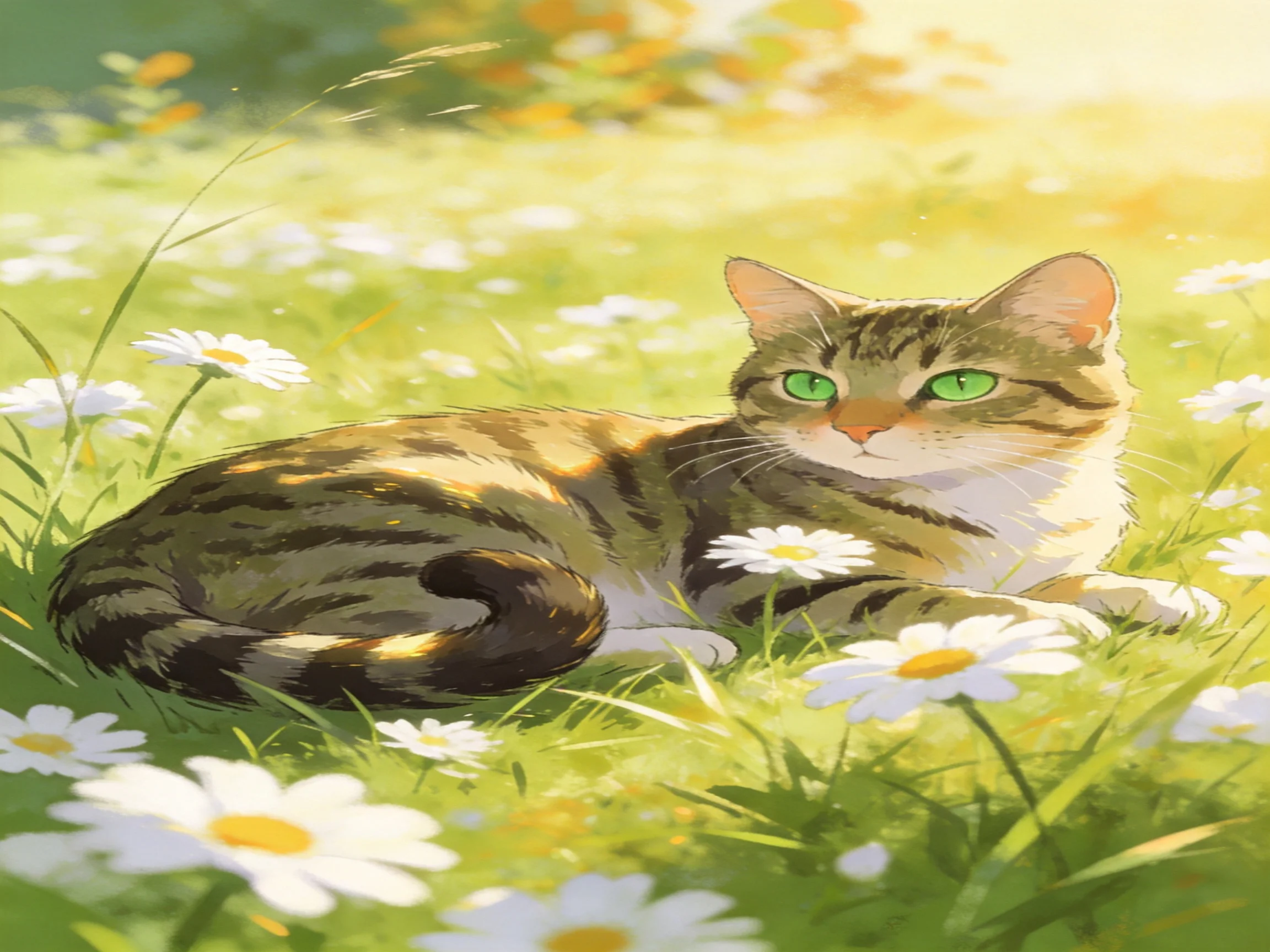 A tabby cat rests amid a field of white daisies under golden sunlight
