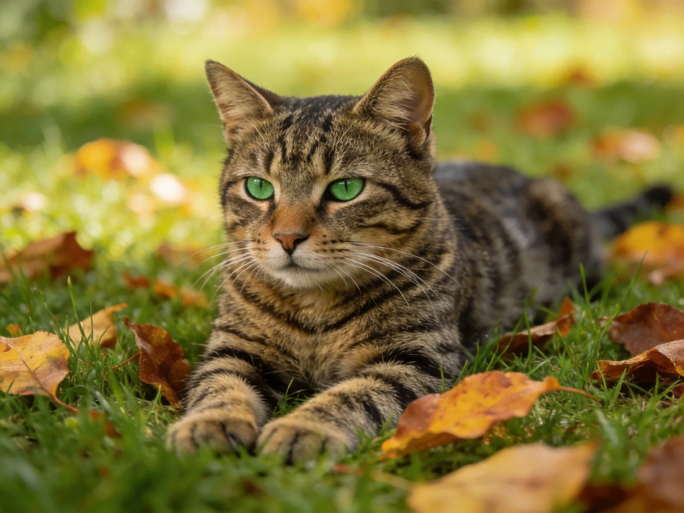 A tabby cat rests amid fallen autumn leaves on lush green grass