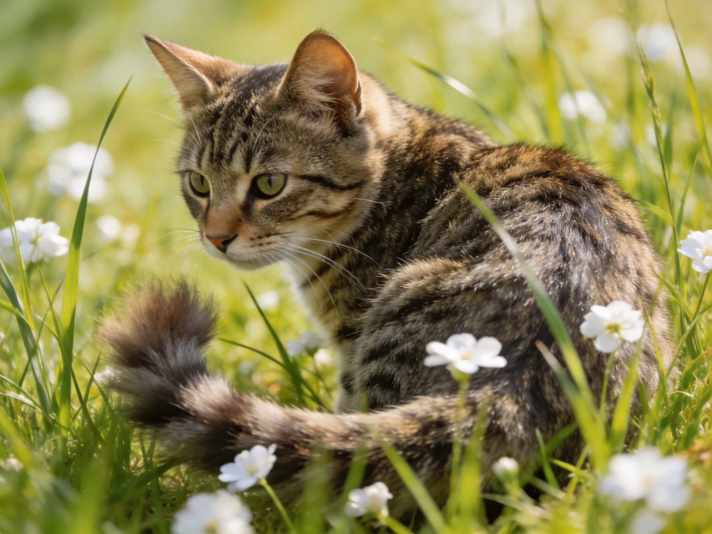 A tabby cat sits calmly among tall grass and small white flowers.