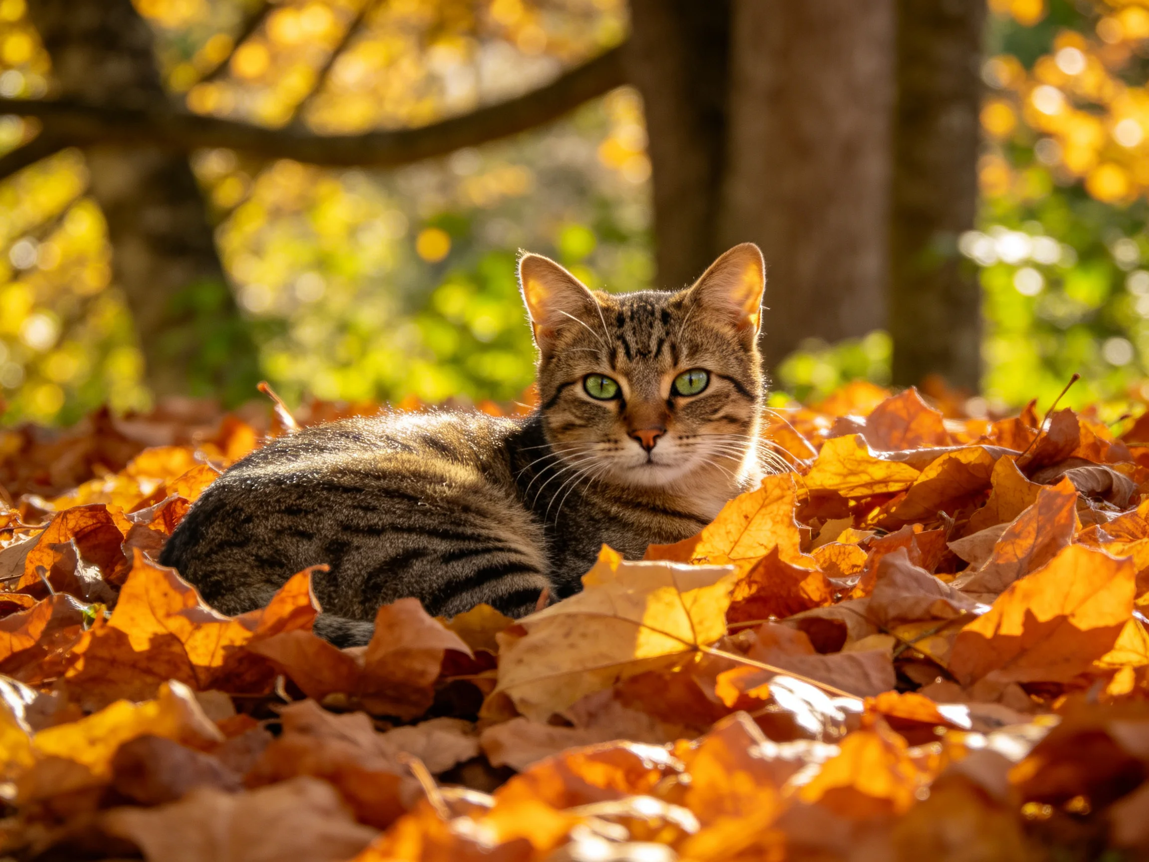 A tabby cat lies among colorful fallen autumn leaves in a sunlit forest.
