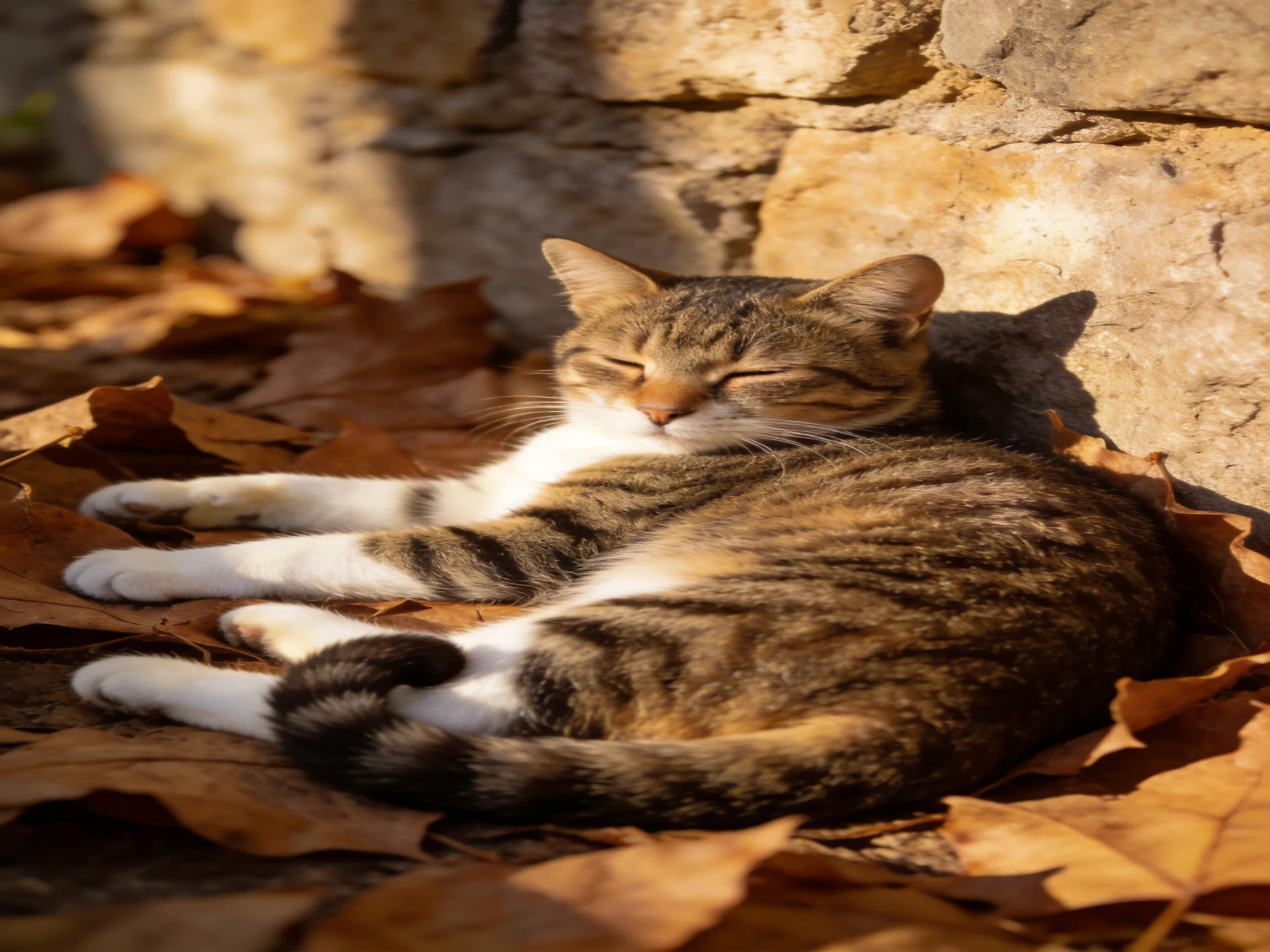 A tabby cat sleeps on autumn leaves near a stone wall.