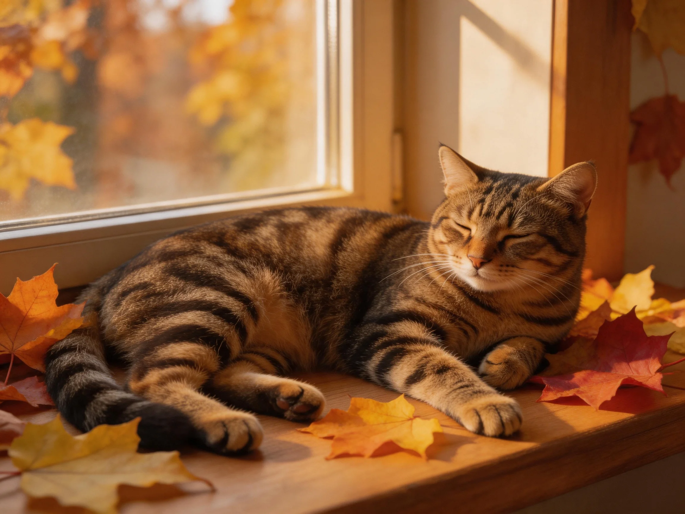 A tabby cat relaxes amid autumn leaves on a sunlit windowsill.