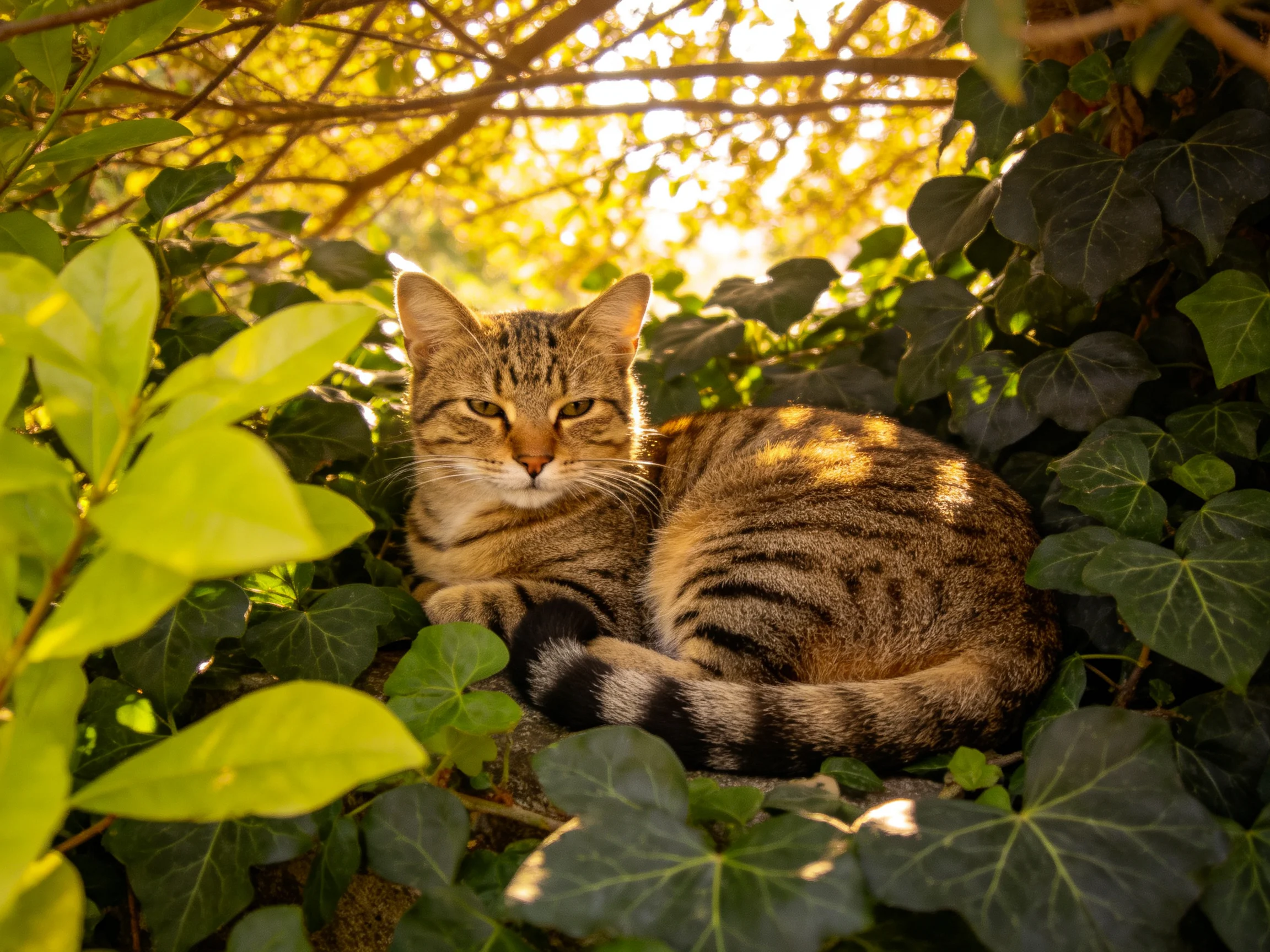 A tabby cat relaxes in sun-dappled green foliage.