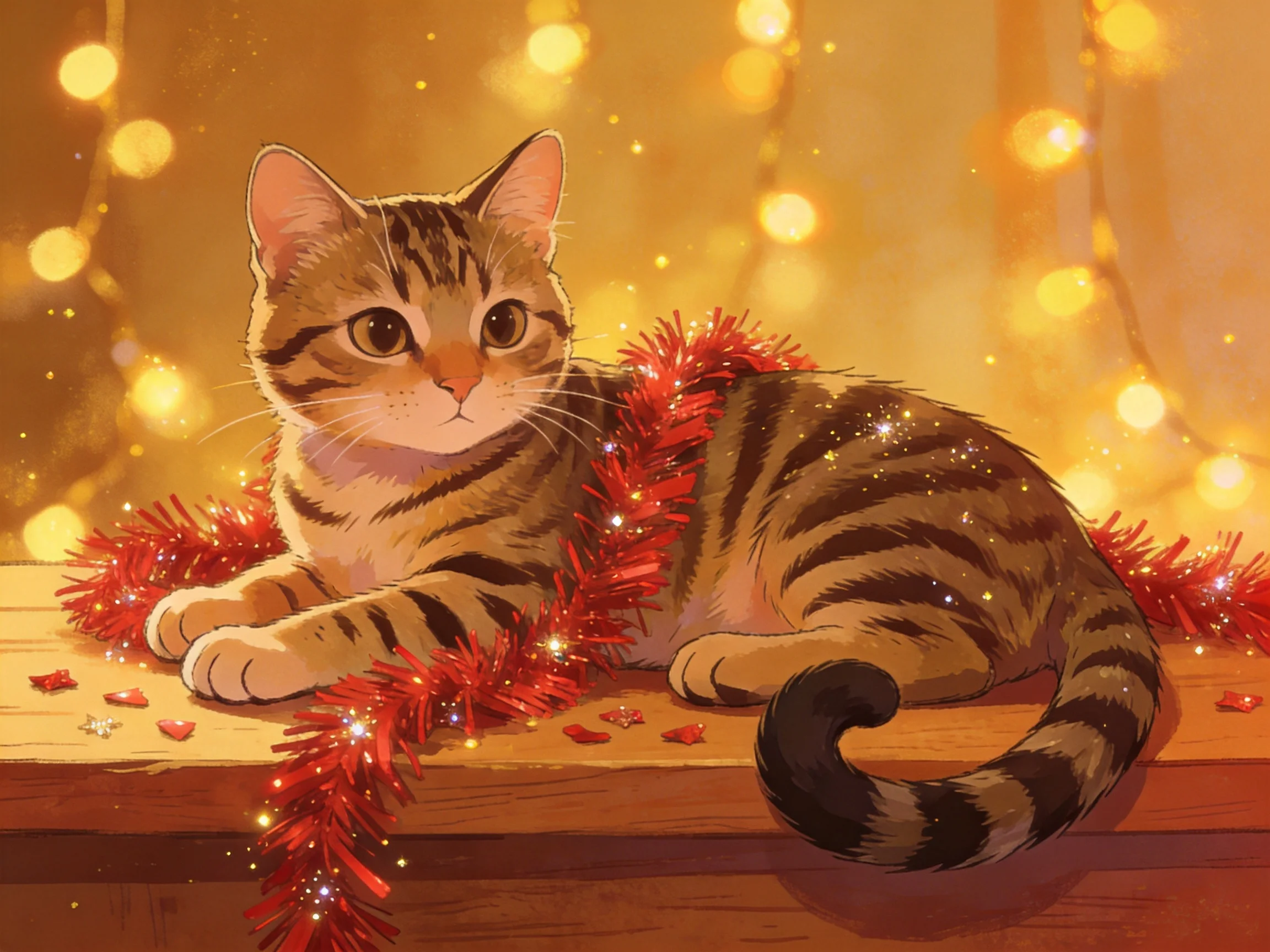 A tabby cat rests among red festive tinsel with warm golden lights
