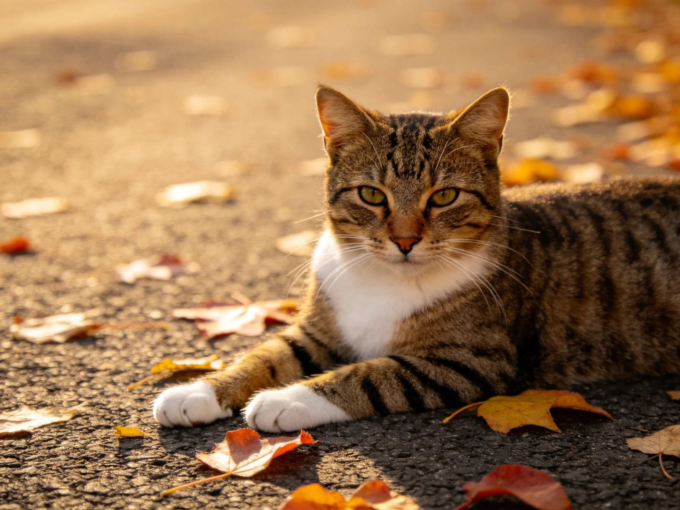 A tabby cat rests among scattered autumn leaves on a sunlit pavement