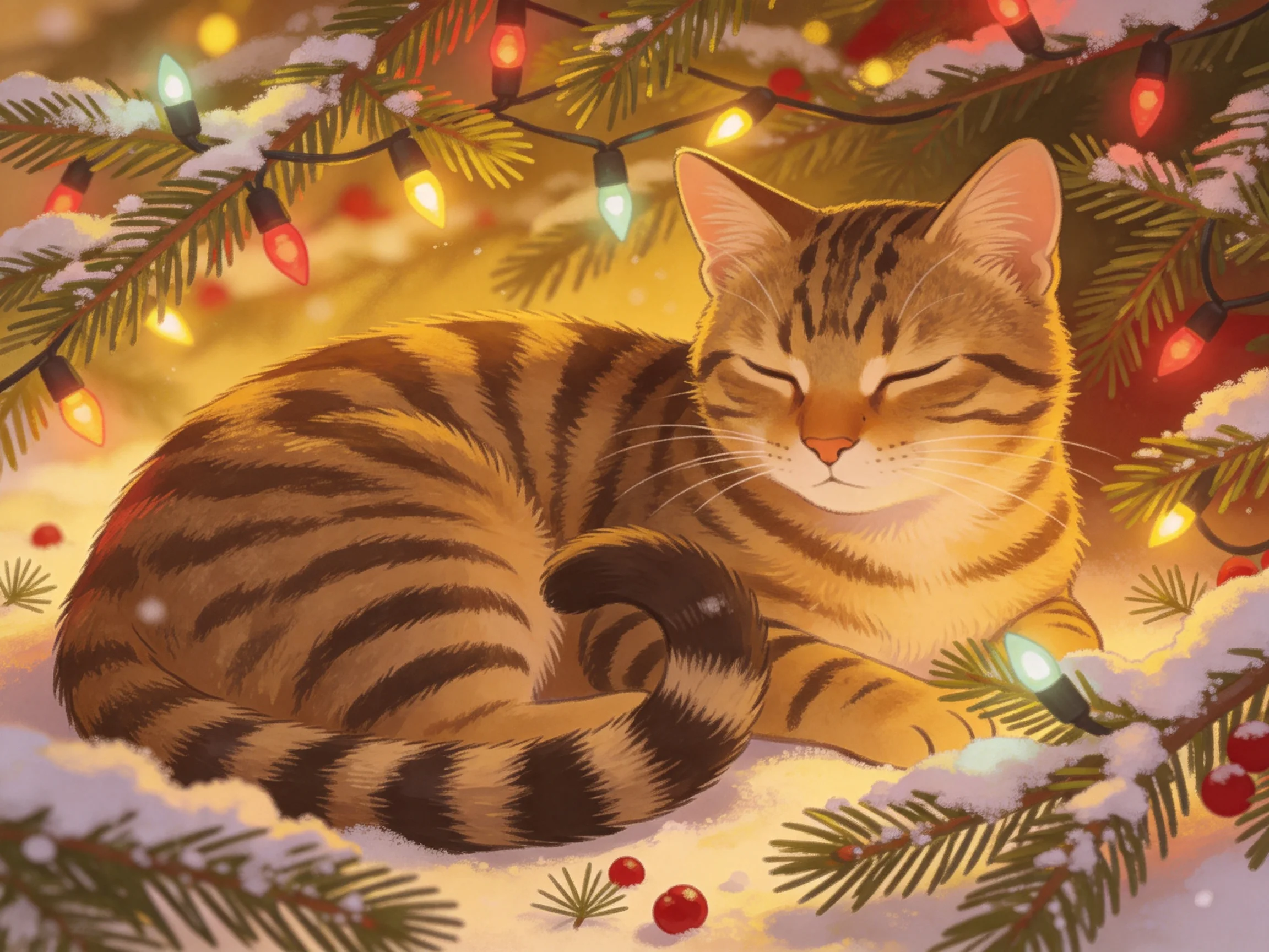 A tabby cat relaxes amid snowy evergreens and festive string lights.
