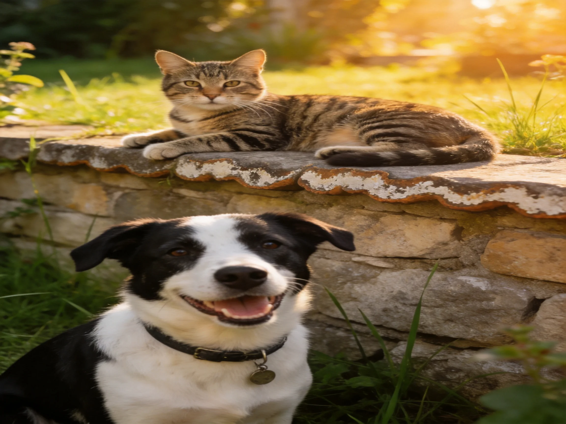 A tabby cat sits on a stone wall next to a cheerful black - white dog in a sunlit garden.