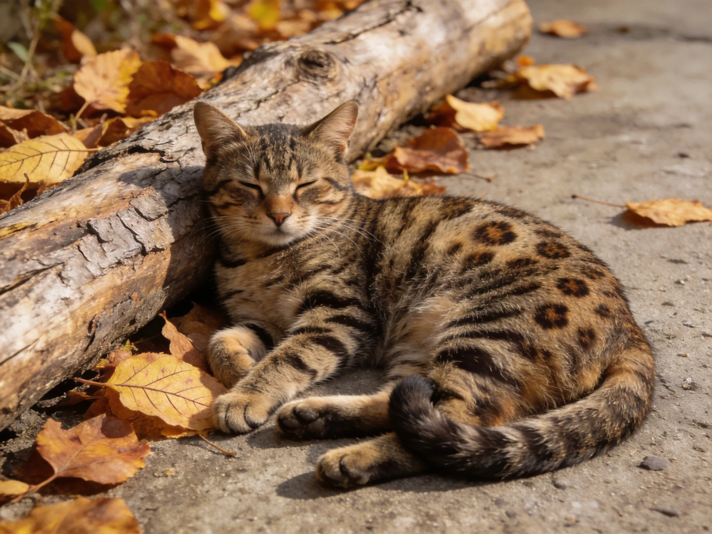 A tabby cat relaxes next to a log surrounded by autumn foliage.