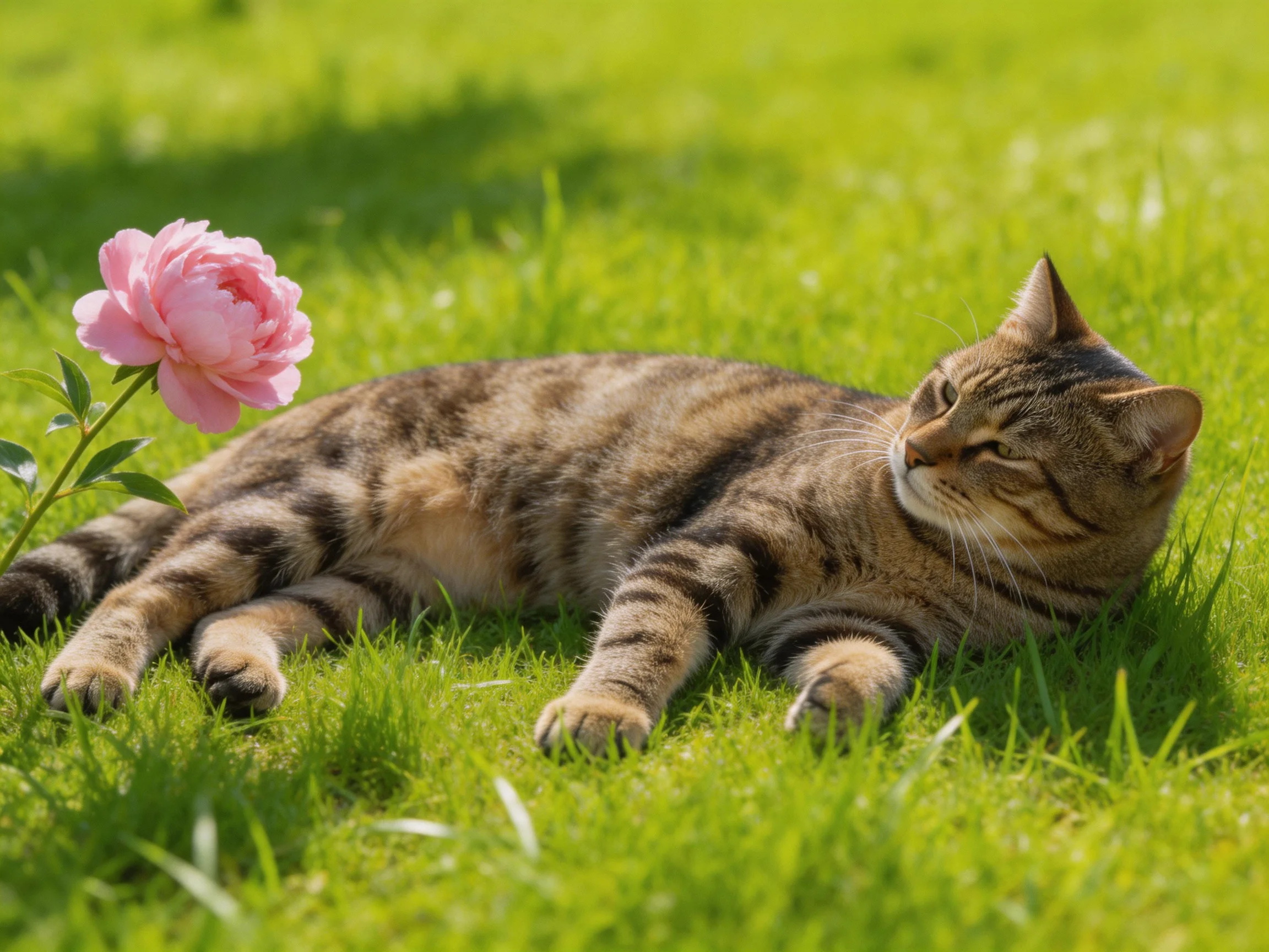 A tabby cat rests beside a pink flower on lush green grass