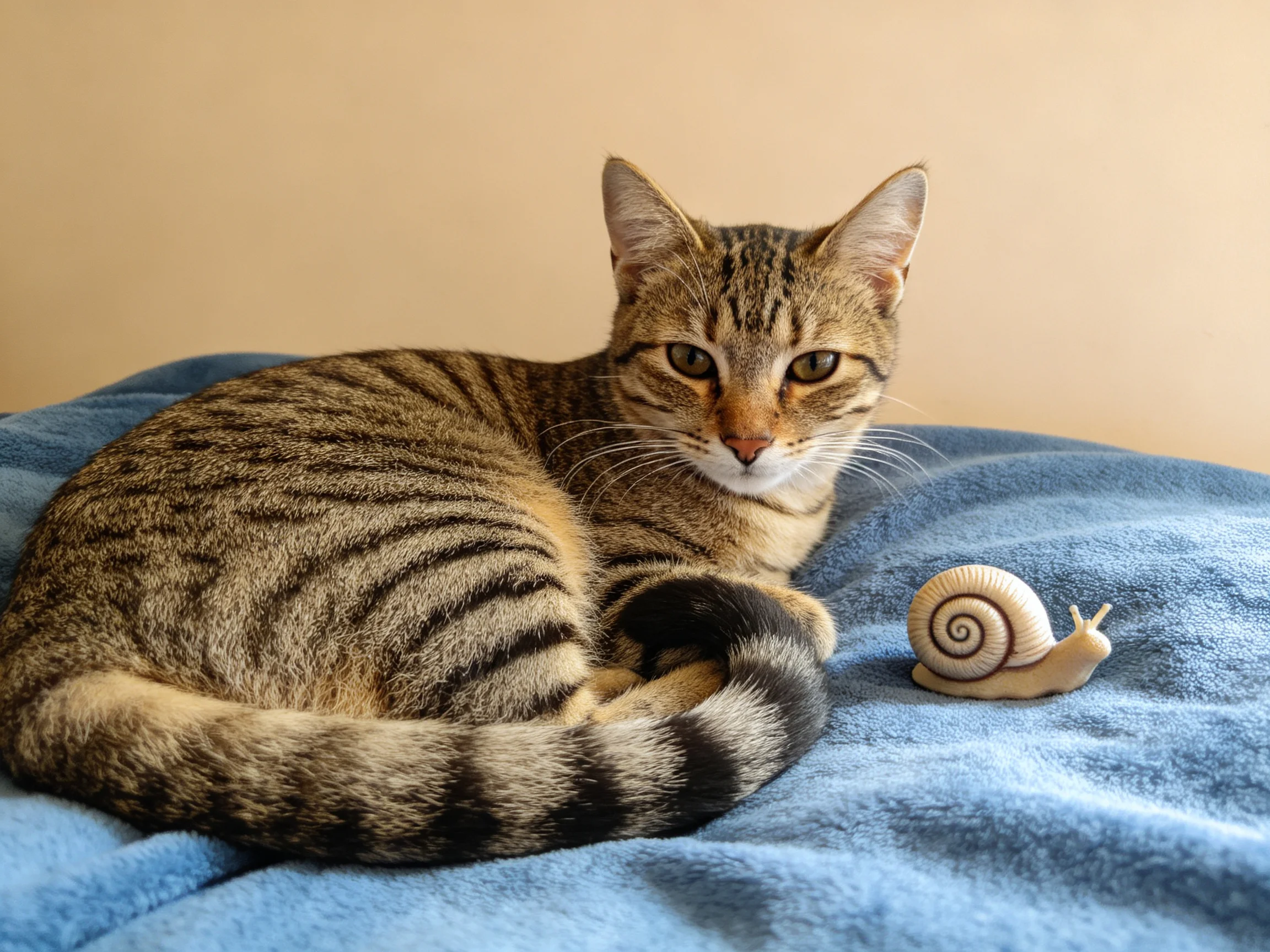 A tabby cat sits near a small snail figurine on a blue blanket