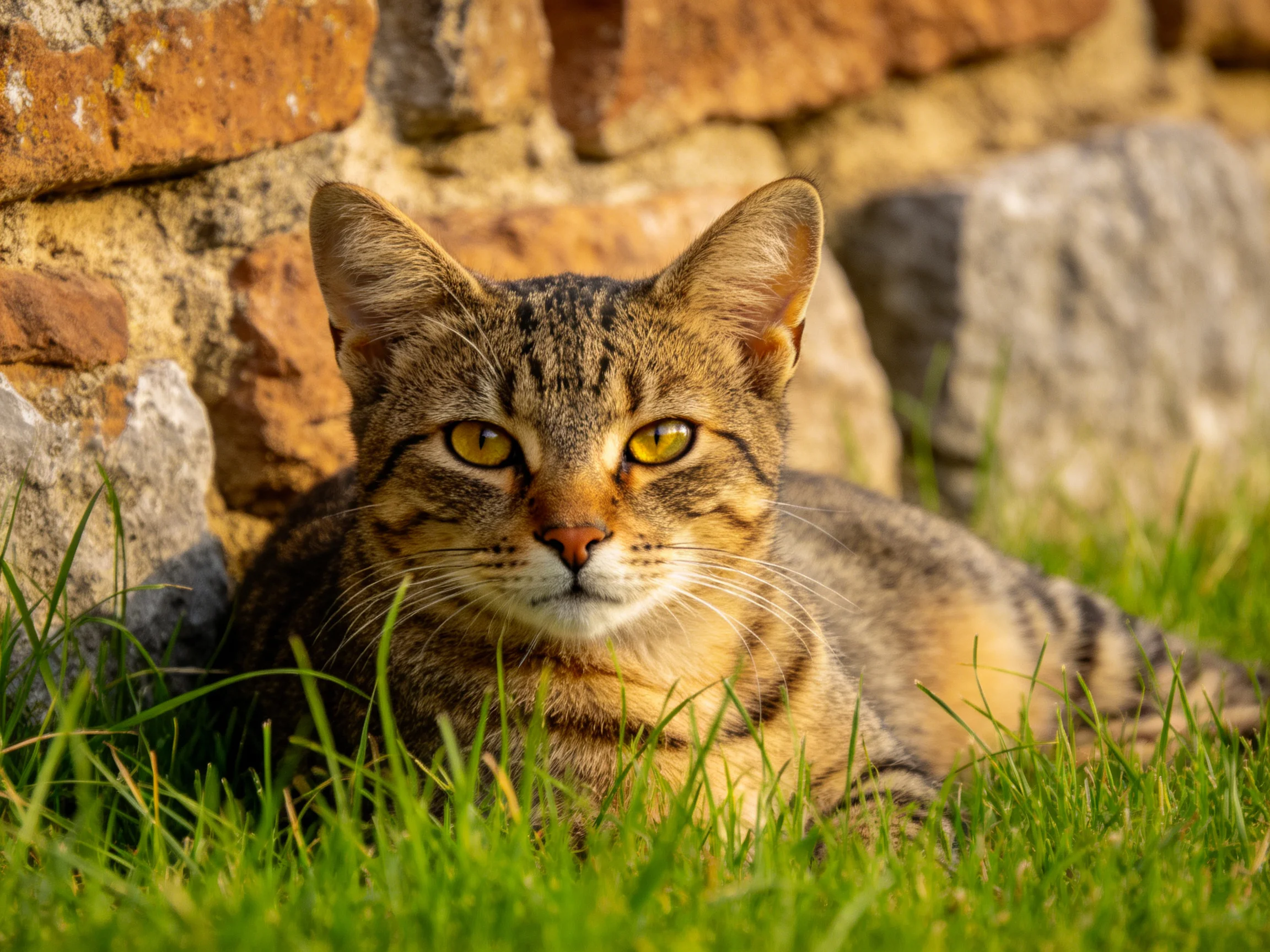 A tabby cat lies near a weathered brick wall surrounded by tall green grass.