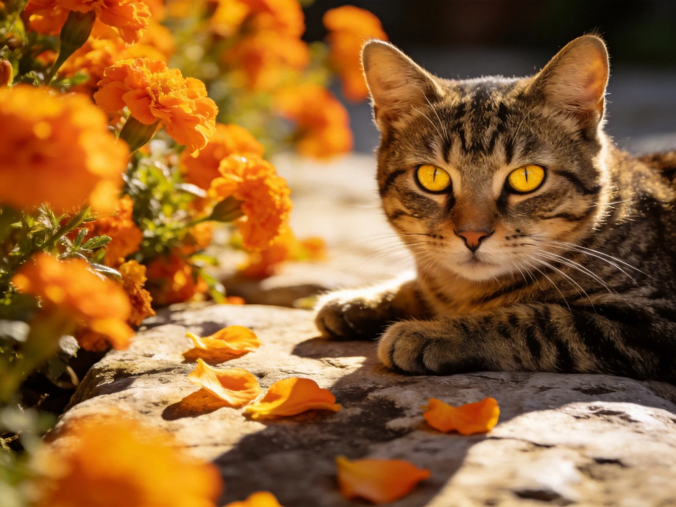 A tabby cat relaxes near bright orange marigold flowers on a stone ledge.