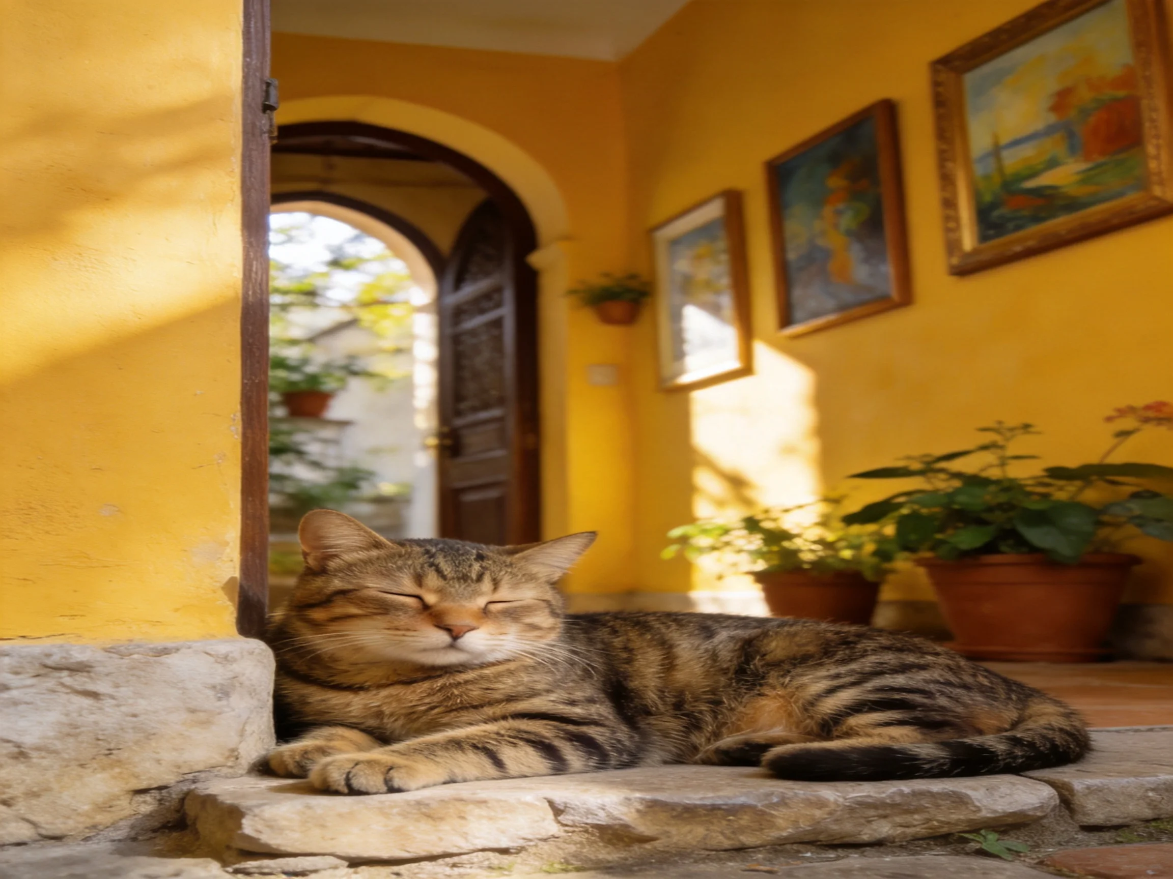 A tabby cat relaxes near yellow walls with framed art and potted plants