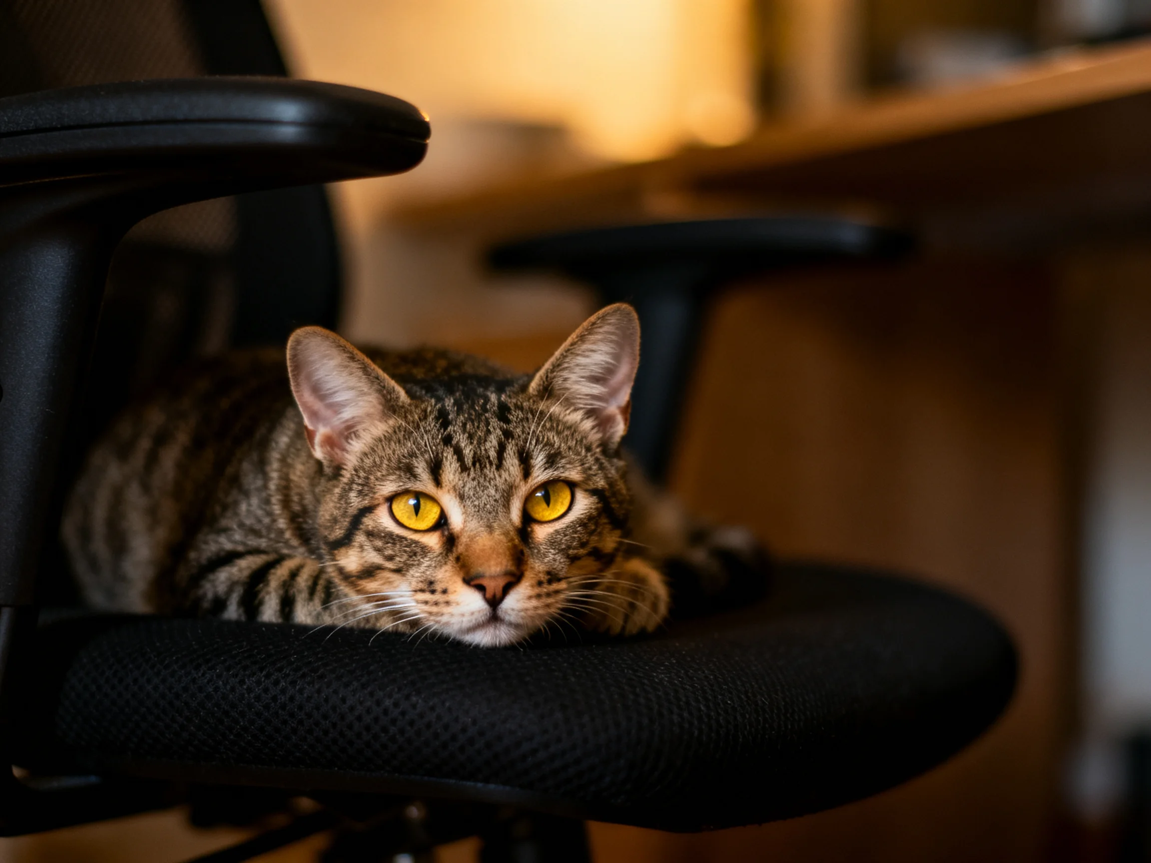 A tabby cat relaxes on a black office chair in a warmly lit room.