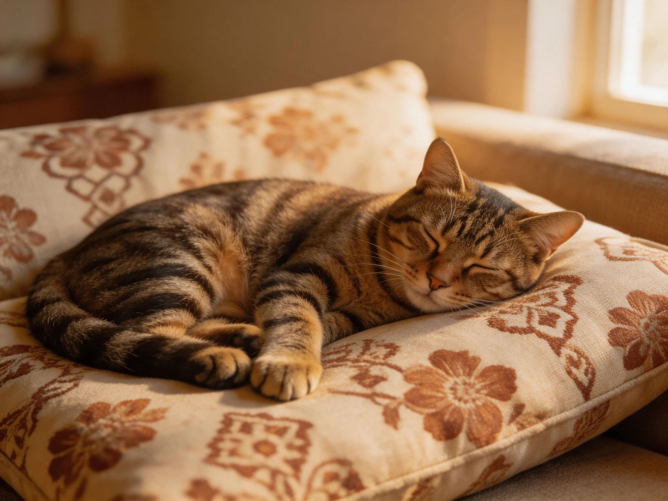 A tabby cat rests on a floral cushion in a sunlit room