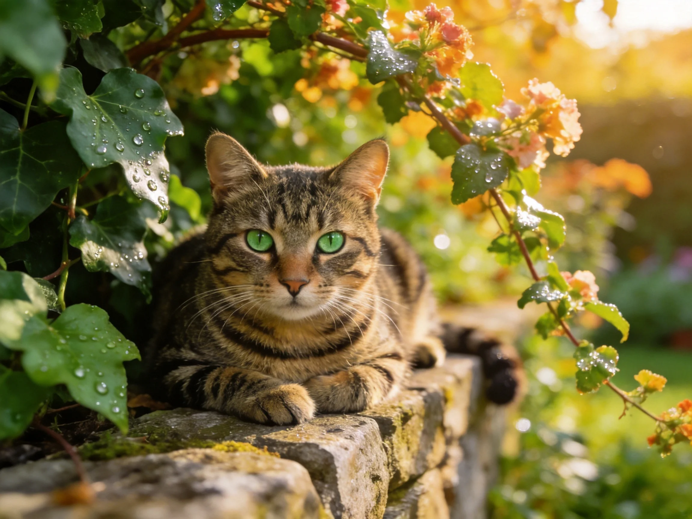 A tabby cat sits calmly on a stone ledge surrounded by flowering vines in a sunlit garden.