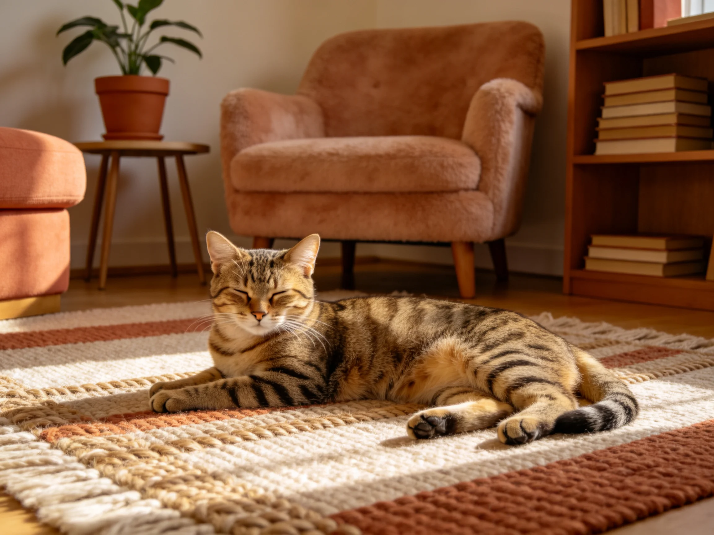 A tabby cat rests on a patterned rug near pink seating and bookshelf
