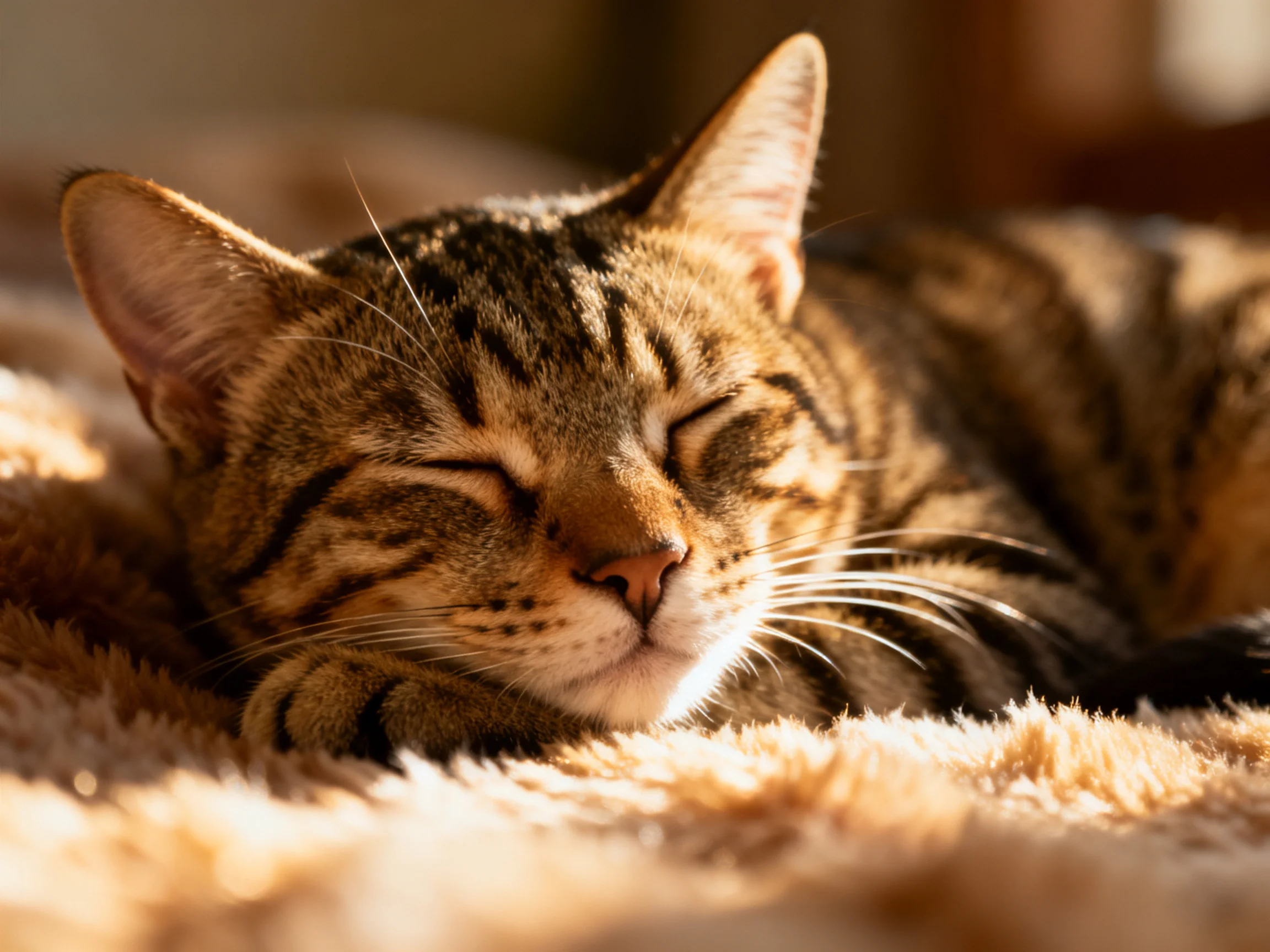 A tabby cat rests on a plush, beige blanket bathed in warm sunlight