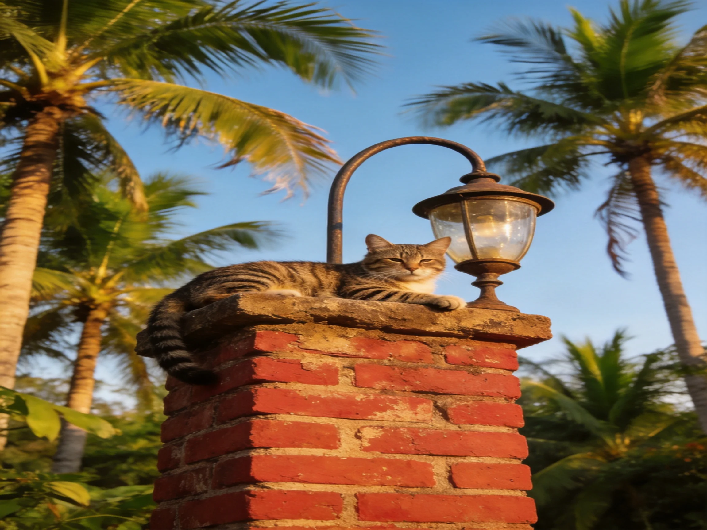 A tabby cat rests on a red brick post near palm trees and an old street lamp