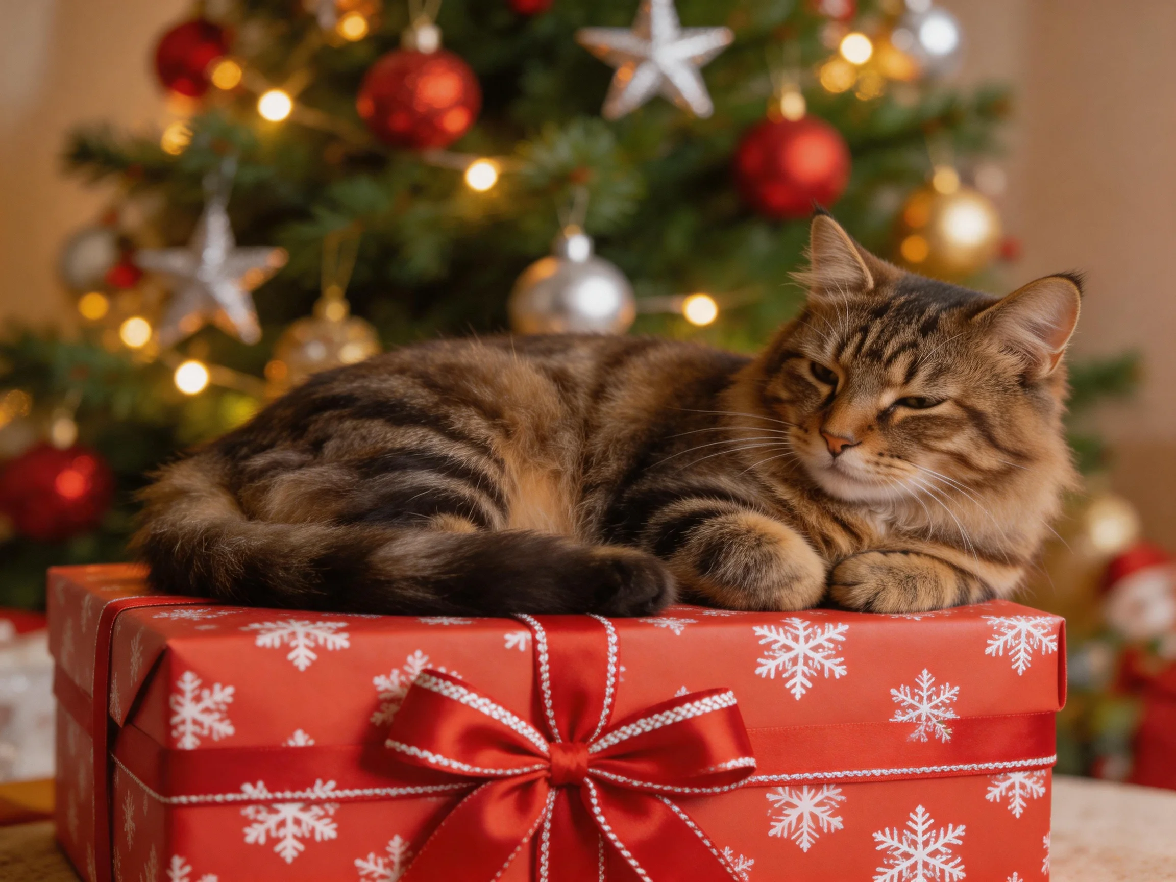 A tabby cat rests on a red snowflake gift box beside a decorated Christmas tree