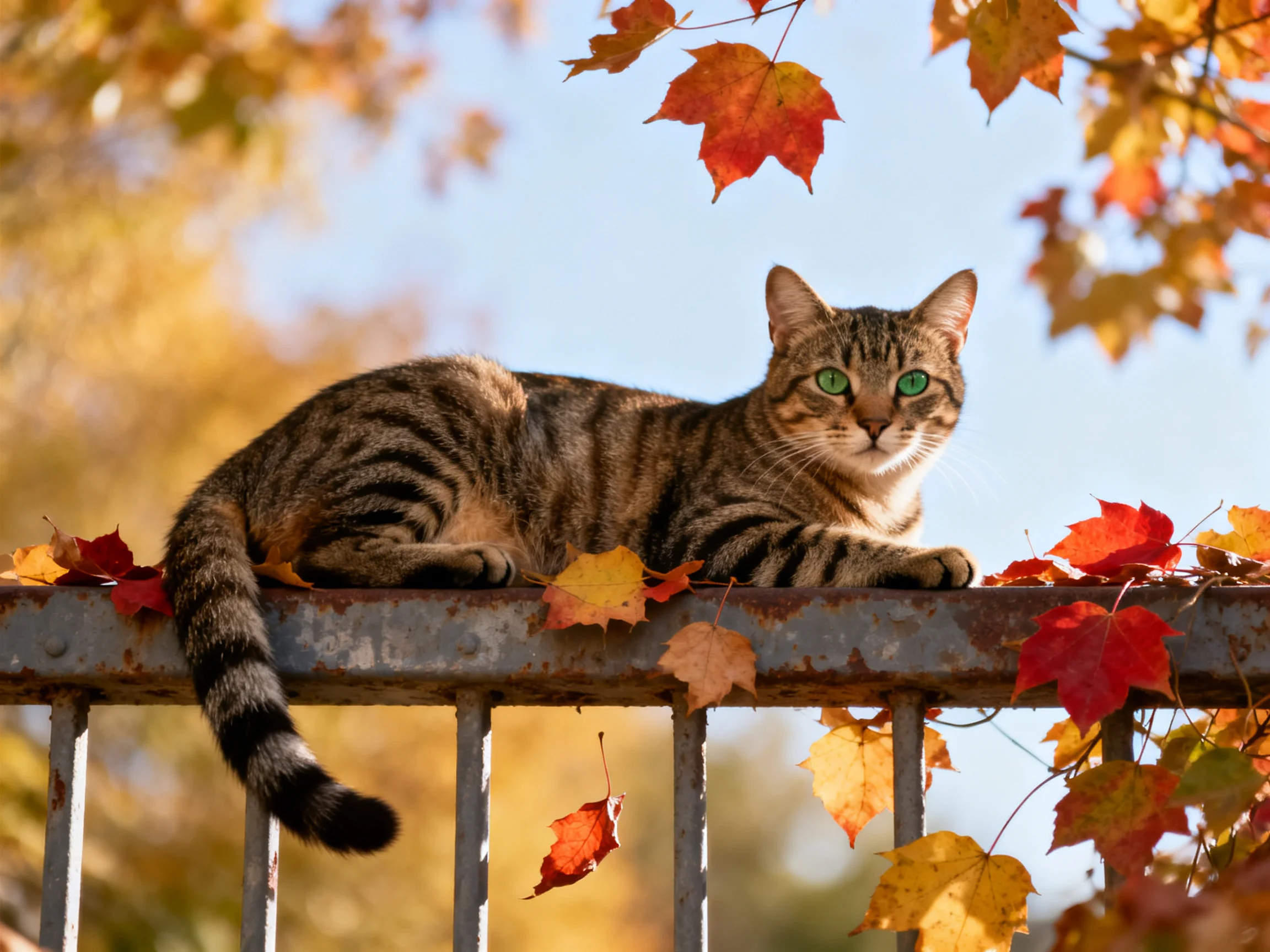 A tabby cat rests on a rusty metal railing amidst vibrant fall leaves