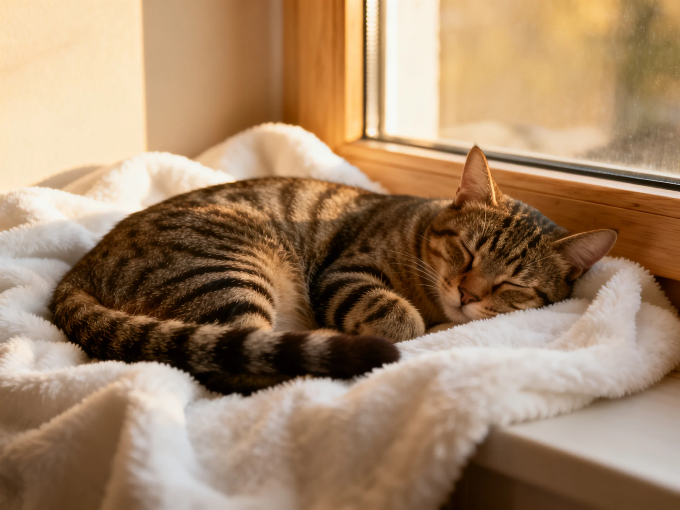A tabby cat rests on a soft white towel by a wooden-framed window