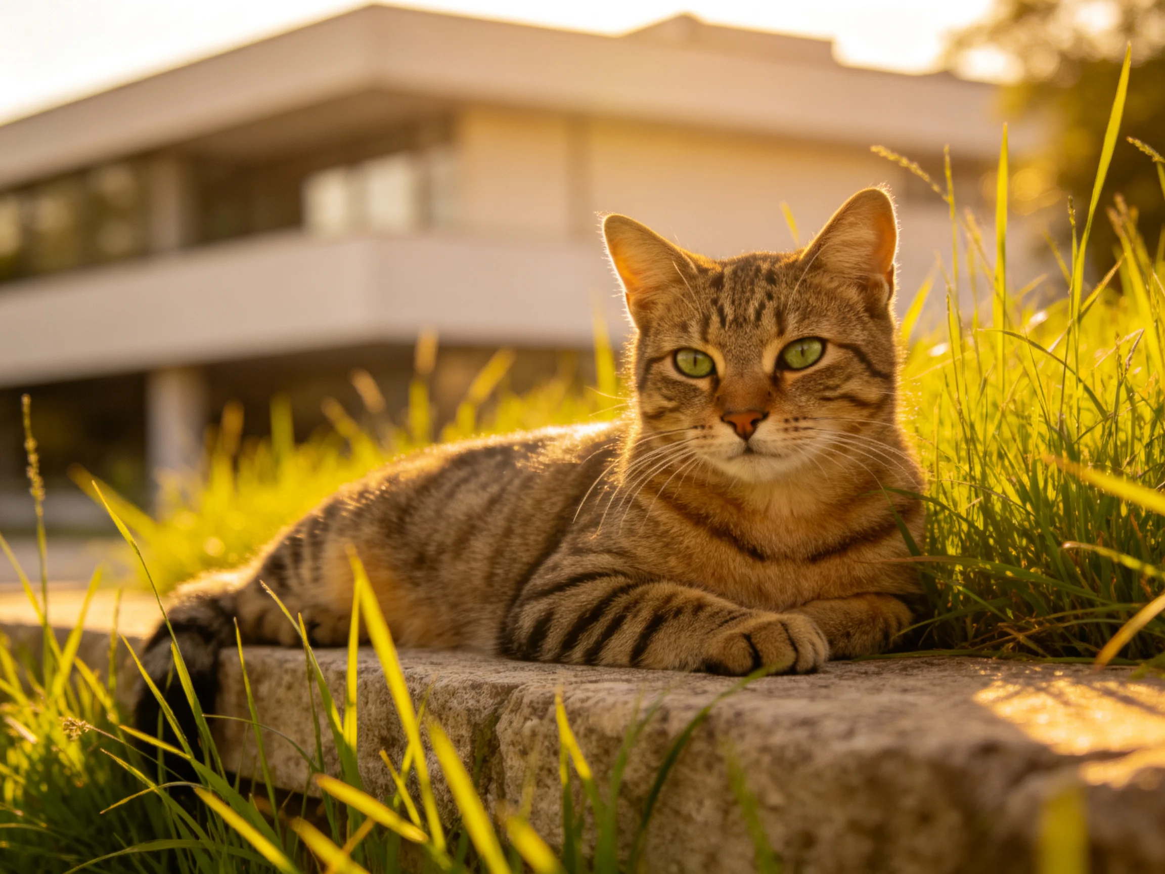A tabby cat rests on a stone ledge amid tall golden grass near a modern home