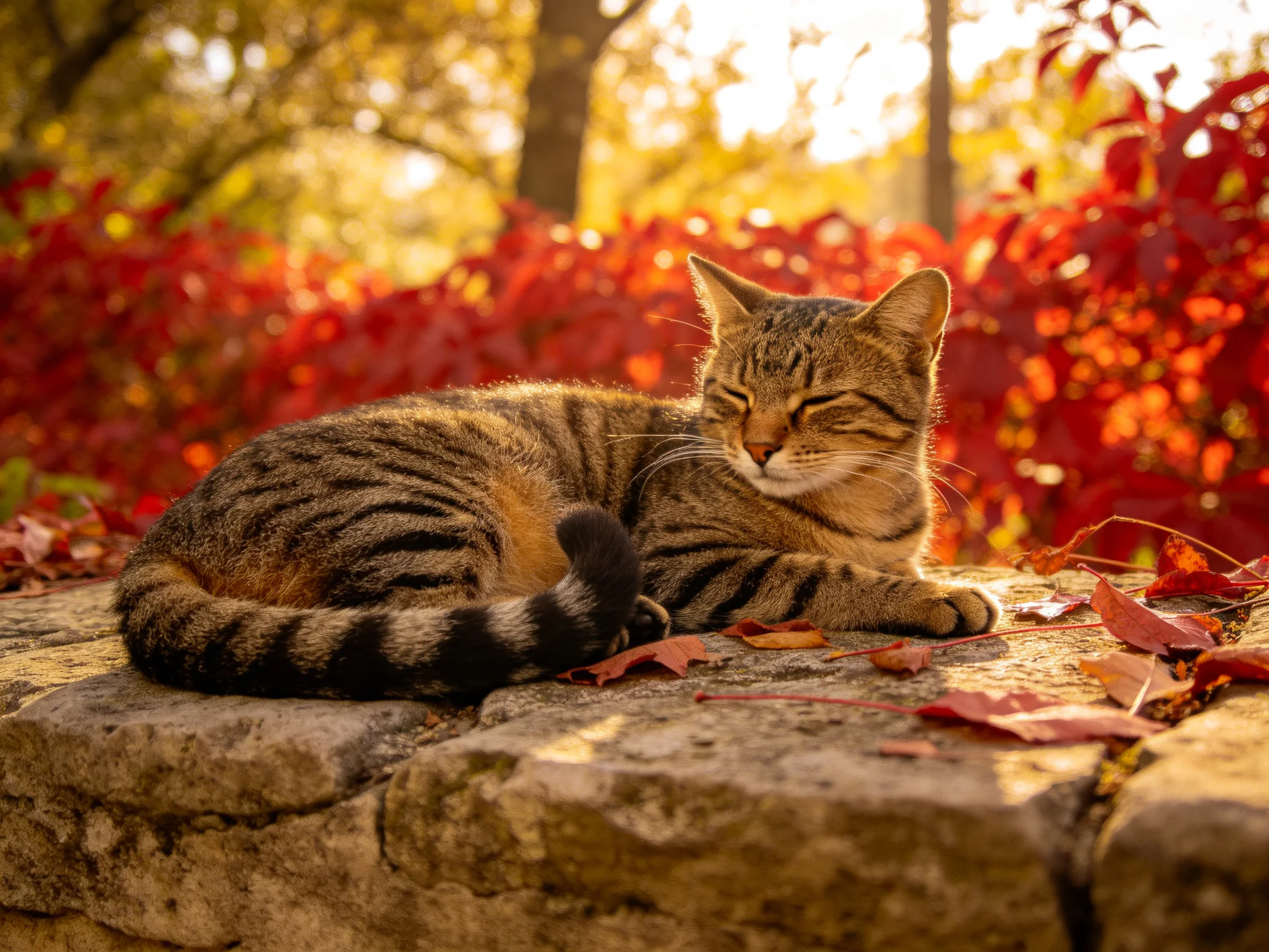 A tabby cat rests on a stone ledge amid vibrant fall foliage