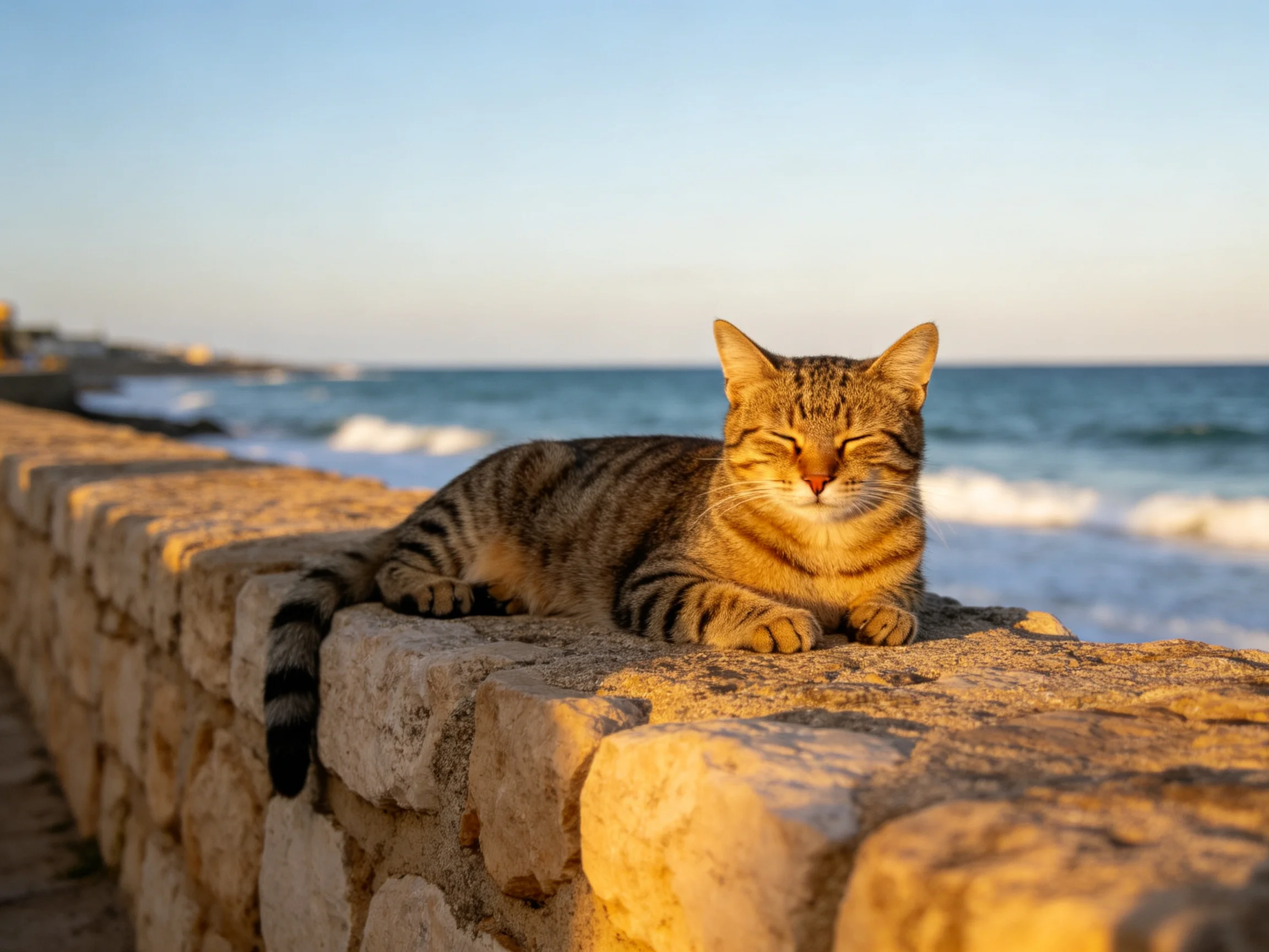 A tabby cat rests on a stone wall by the ocean