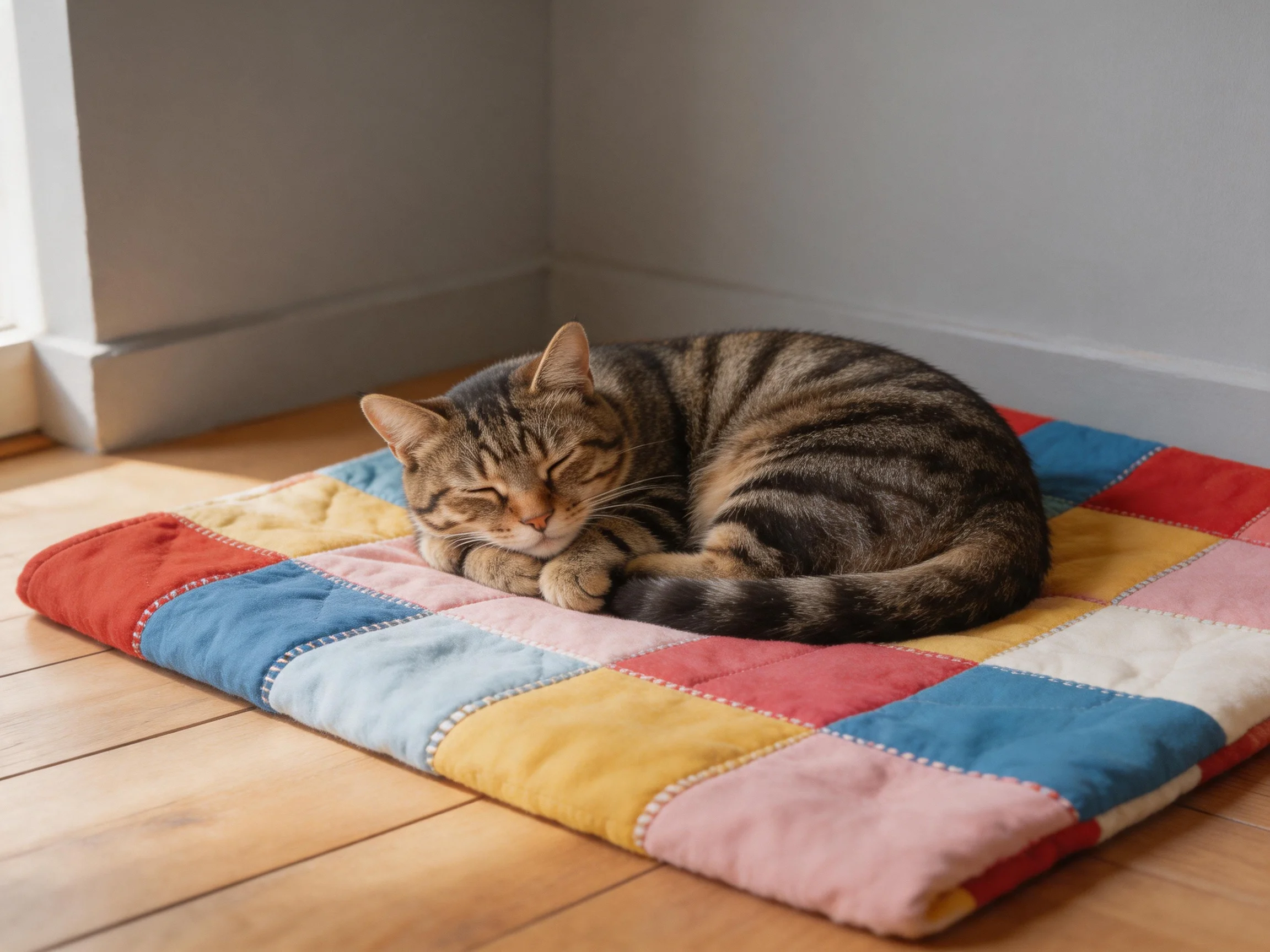A tabby cat sleeps on a colorful patchwork mat inside a room