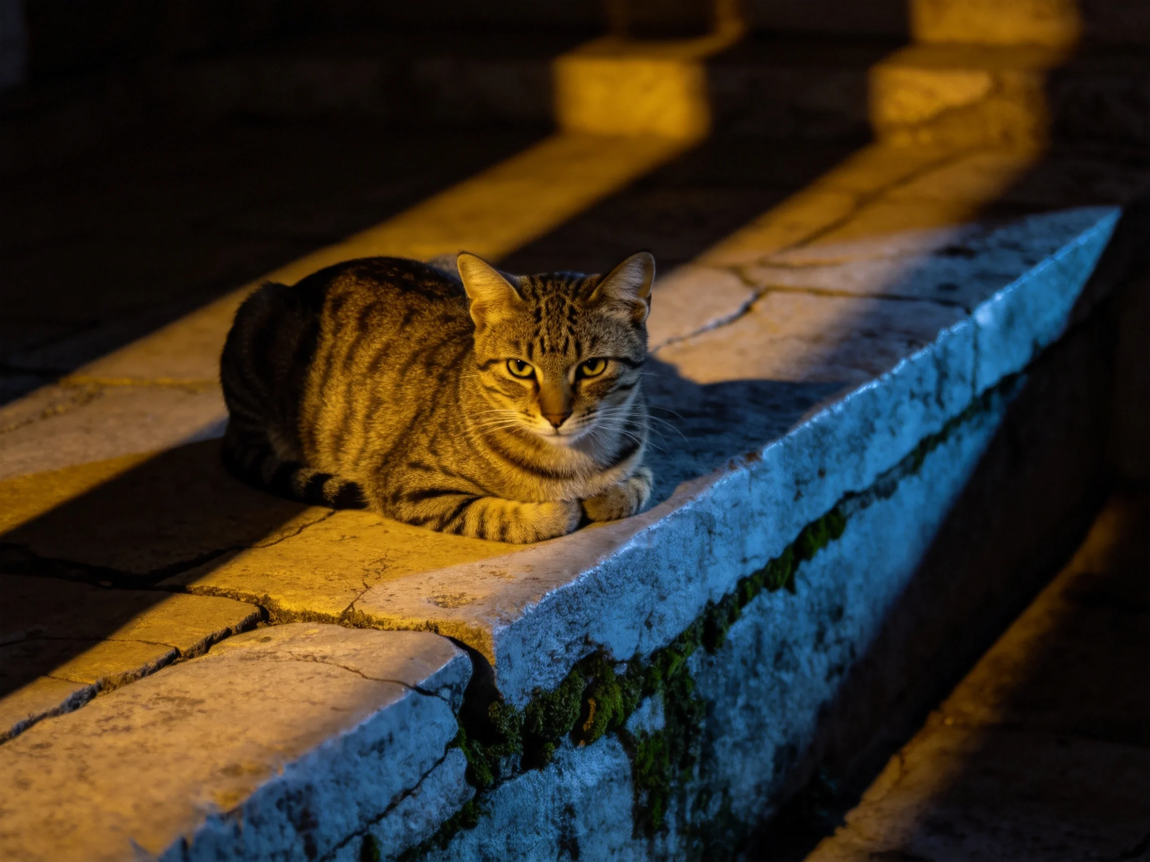 A tabby cat rests on a weathered stone ledge with golden and blue lighting