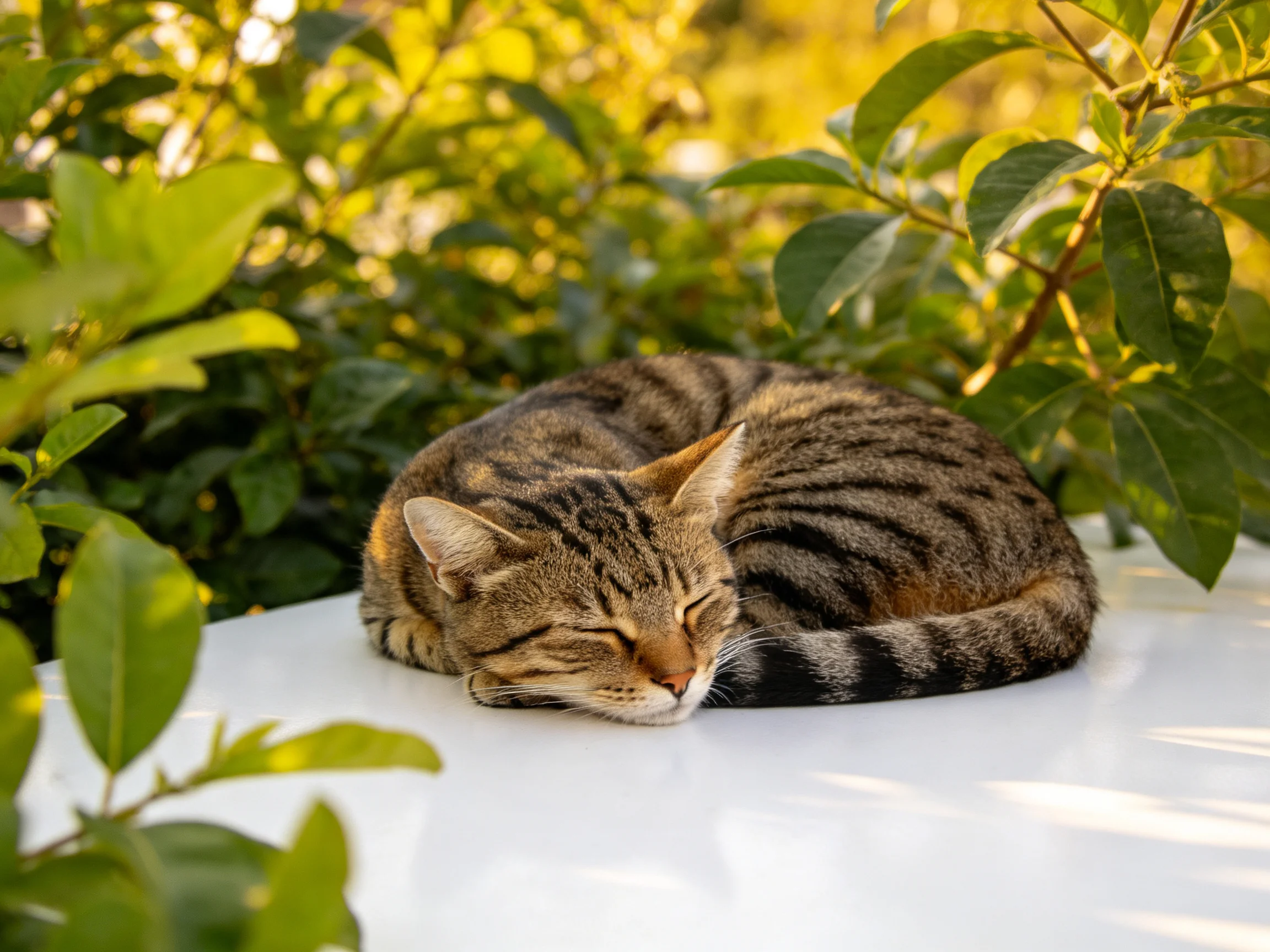 A tabby cat rests on a white surface amidst lush green foliage