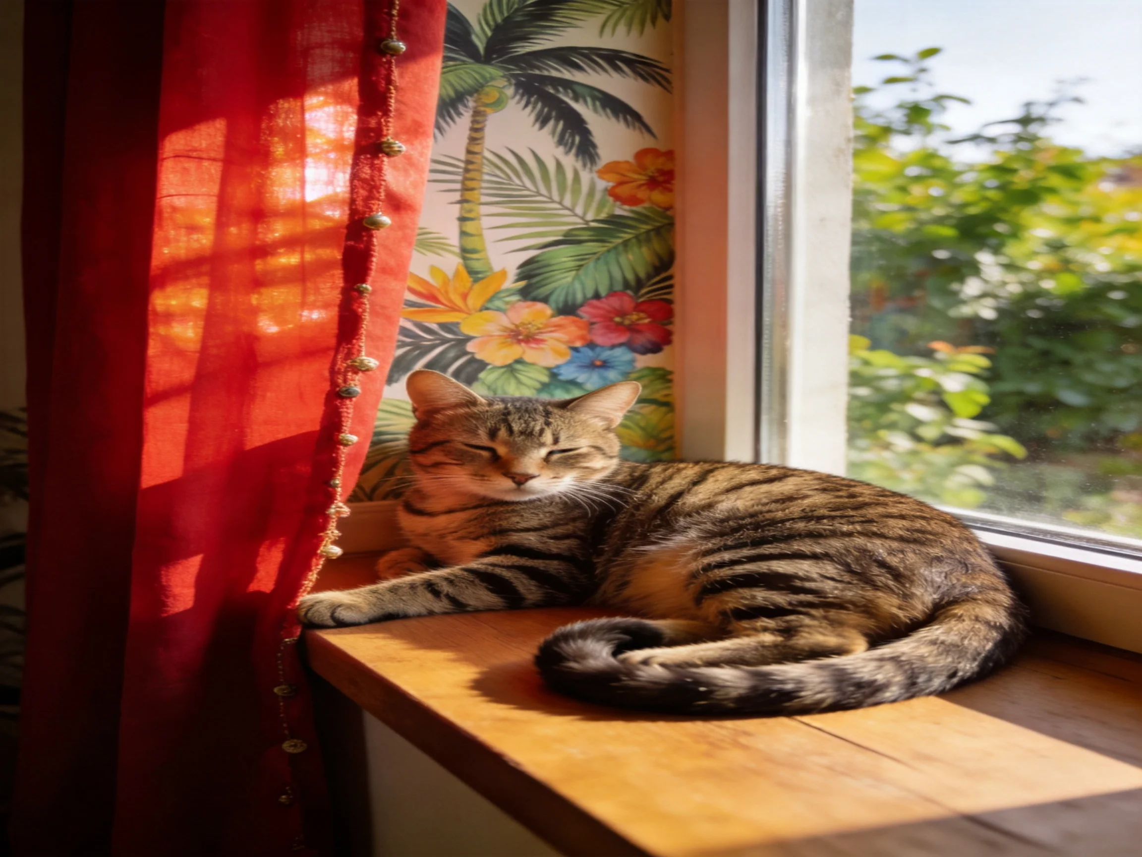A tabby cat relaxes on a wooden windowsill with tropical wallpaper nearby.