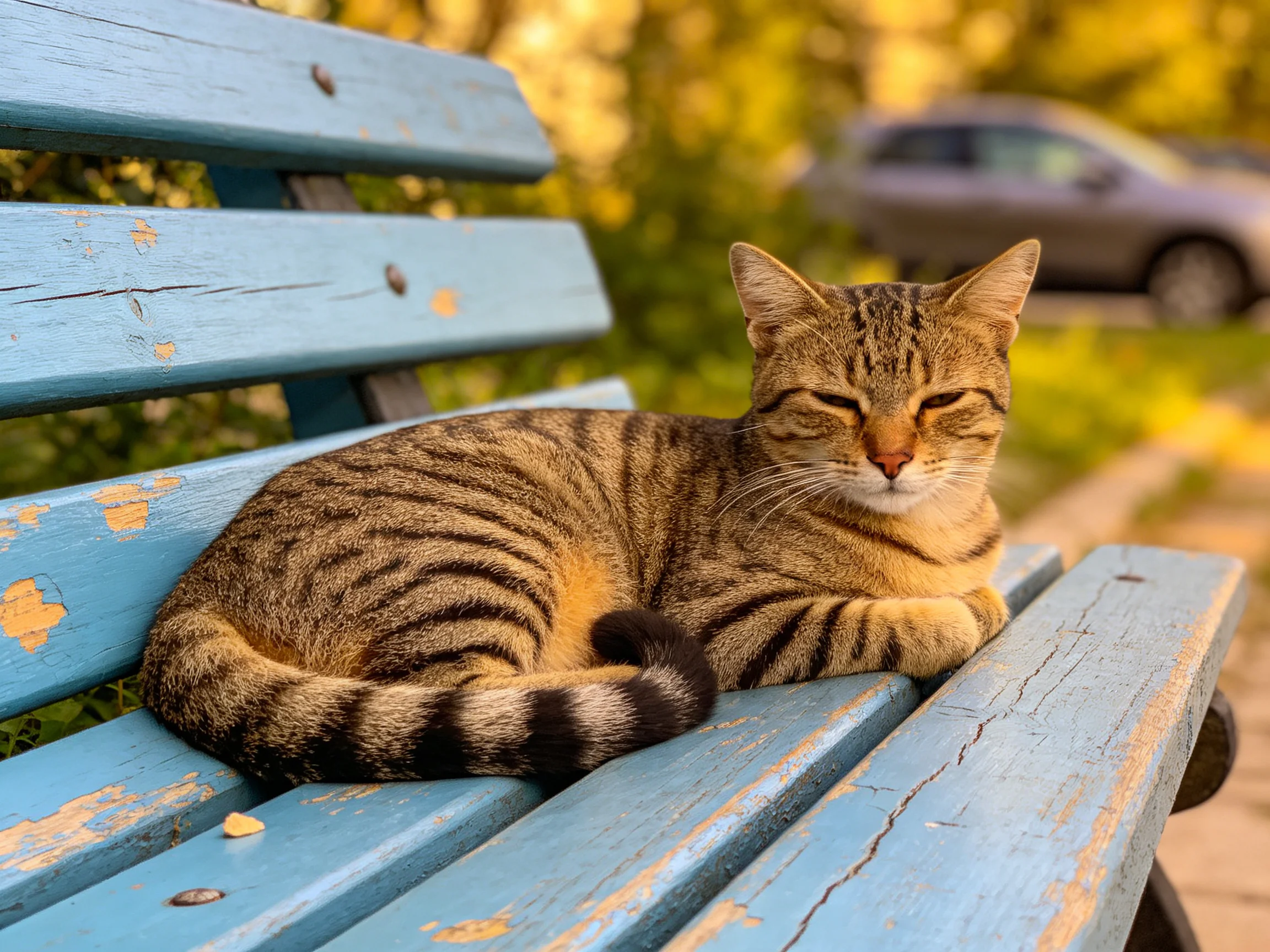 A tabby cat rests on an aged blue park bench amid greenery